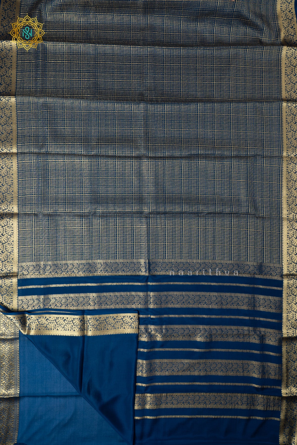 Peacock Blue Pure Mysore Crepe Silk Saree with Checks Body & Zari Border
