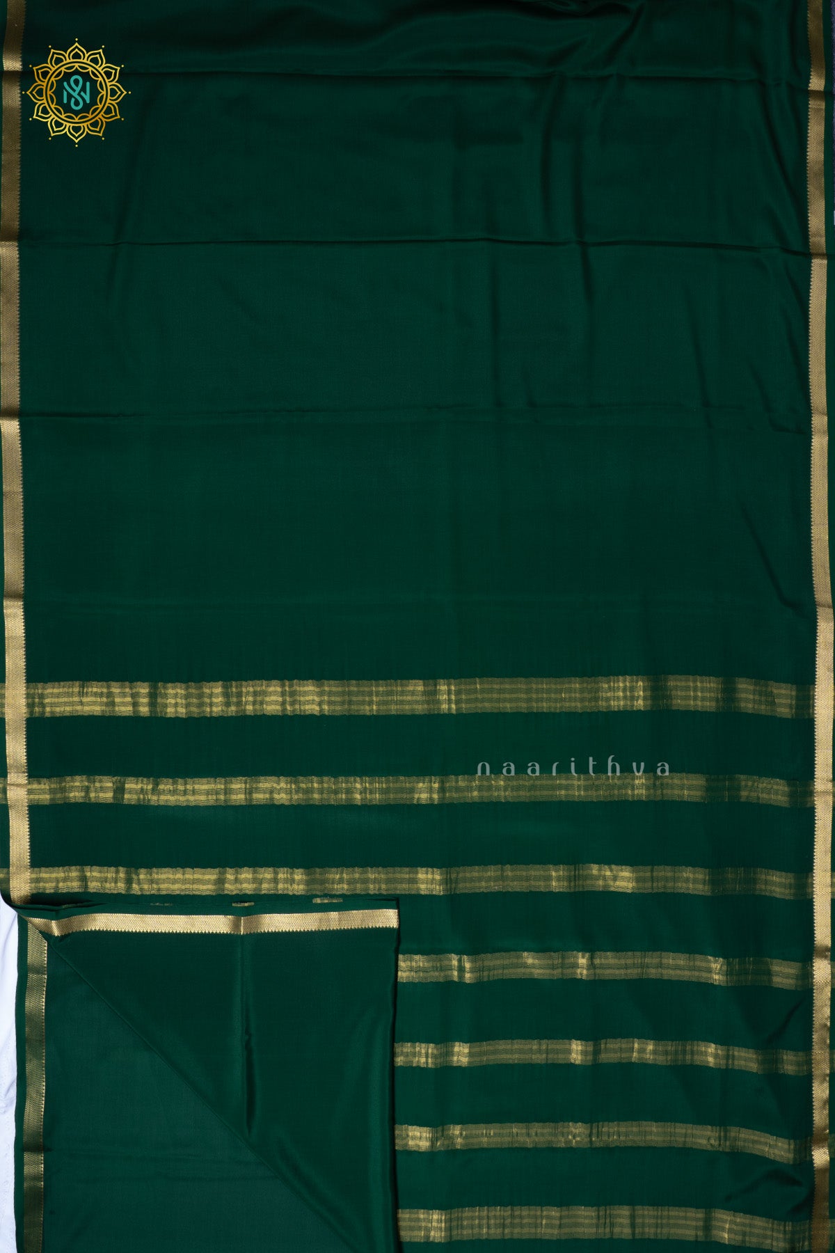 Bottle Green Pure Mysore Crepe Silk Plain Body and Zari Woven Butta Border