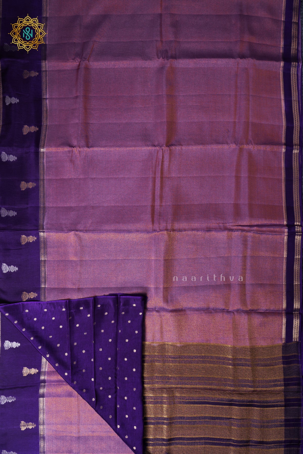 Lavender With Purple Semi Crepe Silk Saree with Tissue Body & Zari Jhumka Buttas on Contrast Border