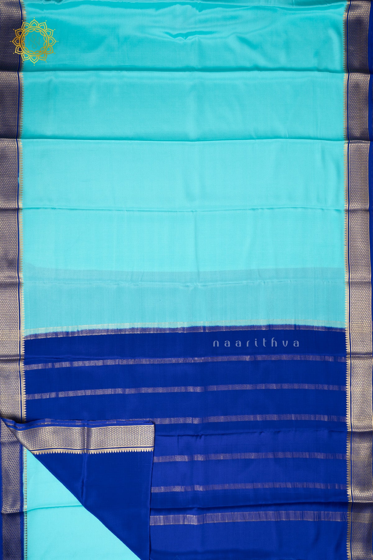 Aqua Blue with Royal Blue Pure Mysore Crepe Silk Saree with Plain Body and Contrast Zari Woven Border