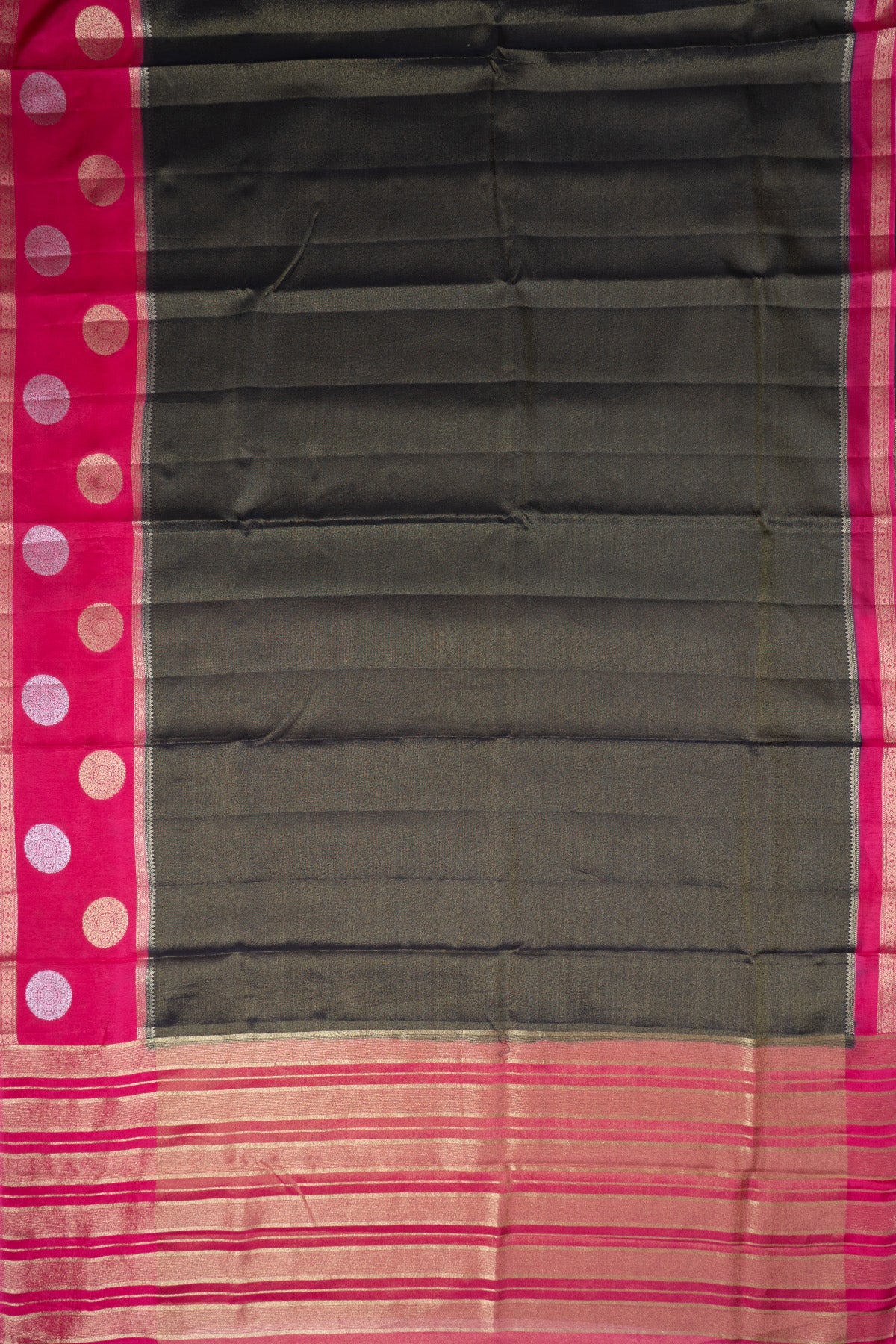 Black with Pink Semi Crepe Silk Saree with Tissue Body and Zari Gap Border, Pallu