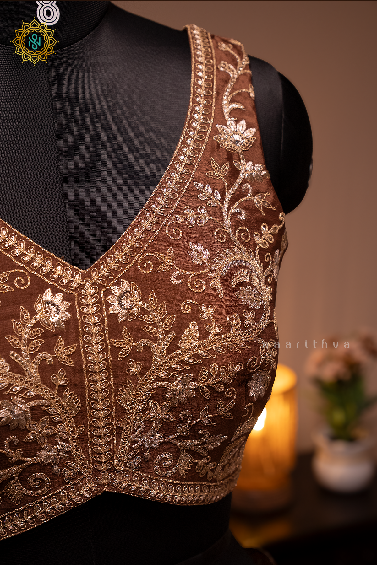 BROWN - CHINNON DESIGNER WEAR WITH READYMADE BLOUSE