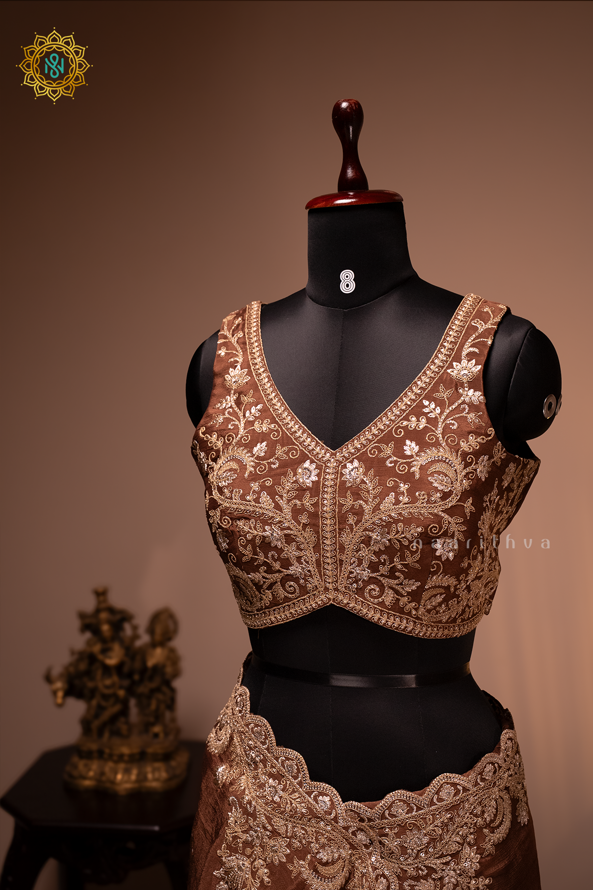 BROWN - CHINNON DESIGNER WEAR WITH READYMADE BLOUSE