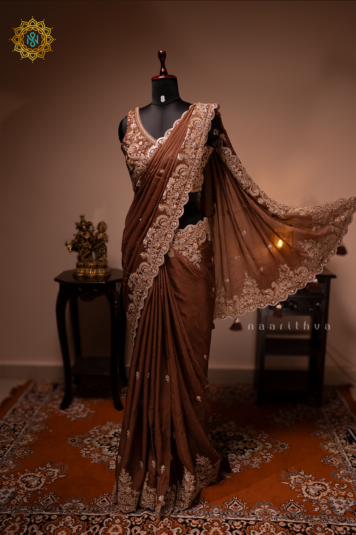 BROWN - CHINNON DESIGNER WEAR WITH READYMADE BLOUSE