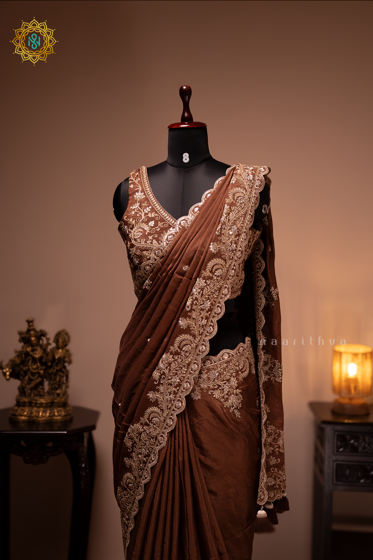 BROWN - CHINNON DESIGNER WEAR WITH READYMADE BLOUSE