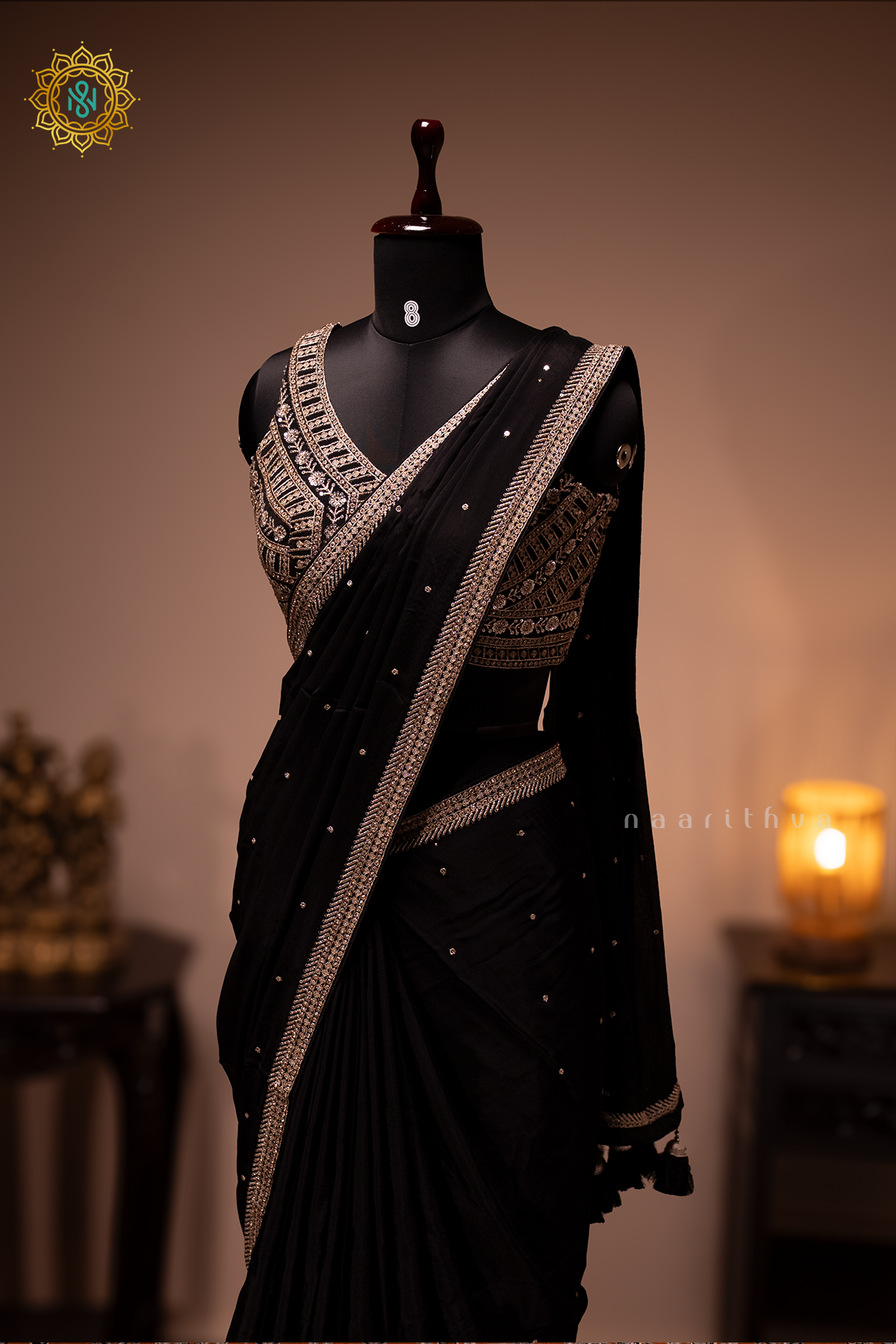 BLACK - CHINNON DESIGNER WEAR WITH READYMADE BLOUSE