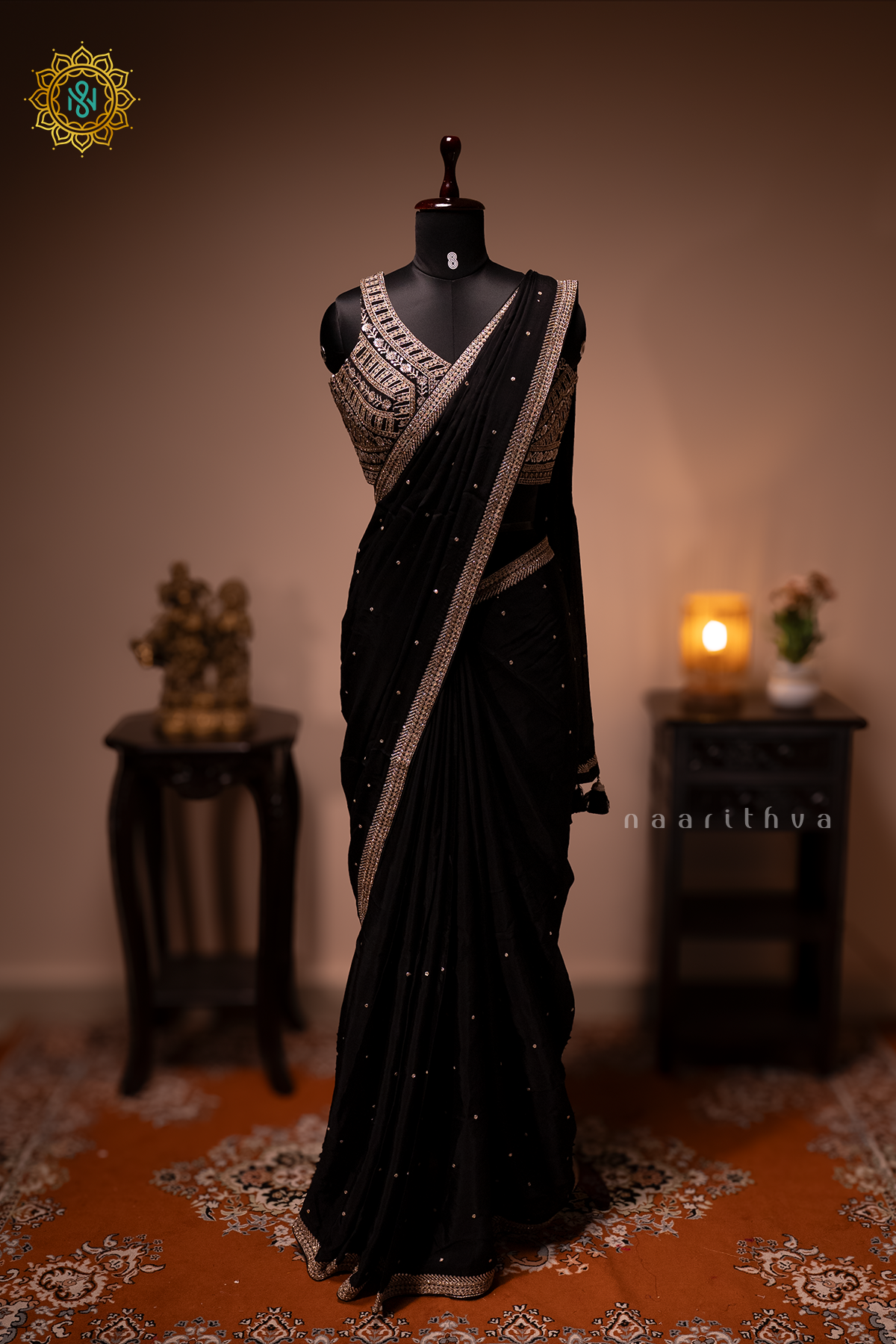 BLACK - CHINNON DESIGNER WEAR WITH READYMADE BLOUSE