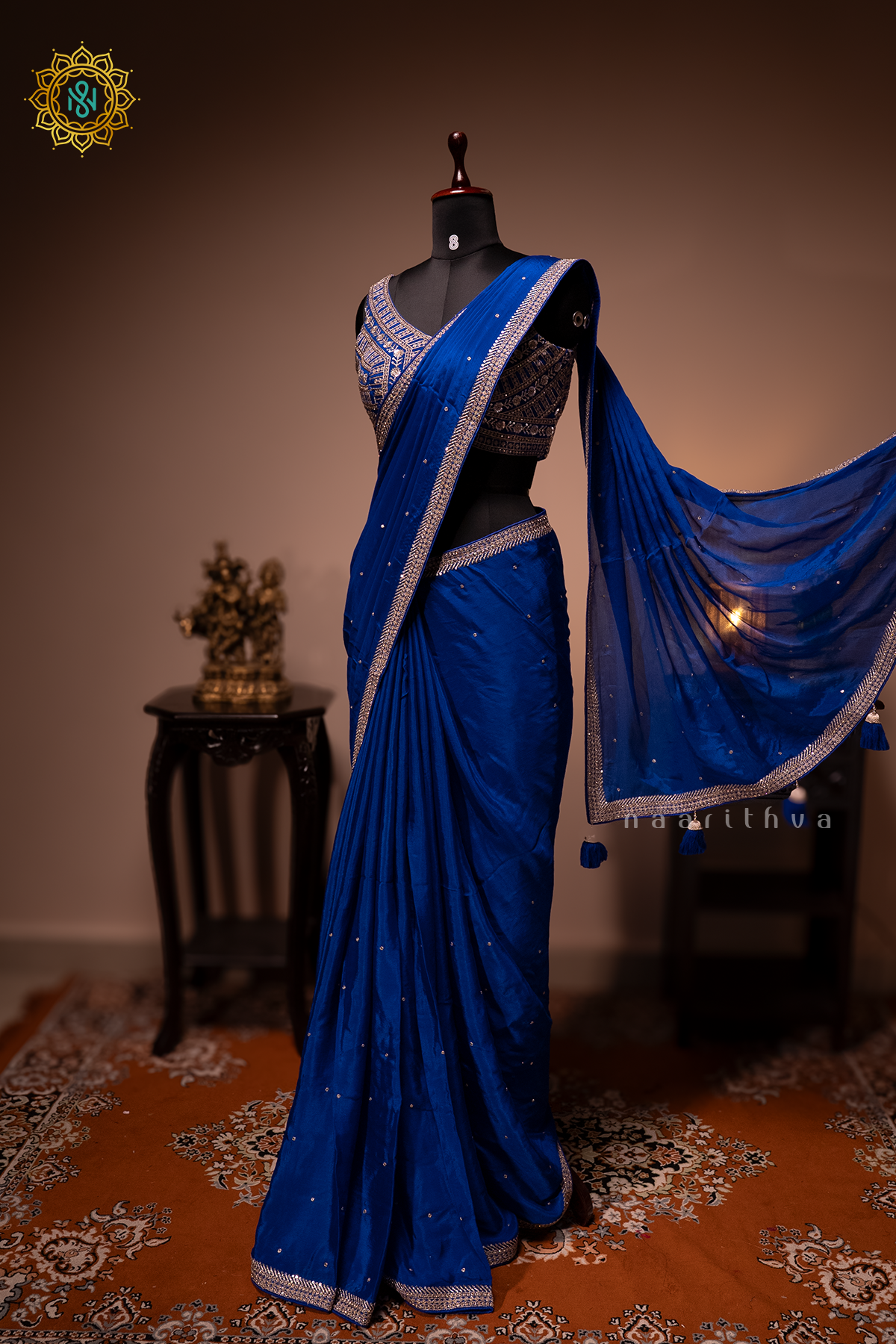 ROYAL BLUE - CHINNON DESIGNER WEAR WITH READYMADE BLOUSE