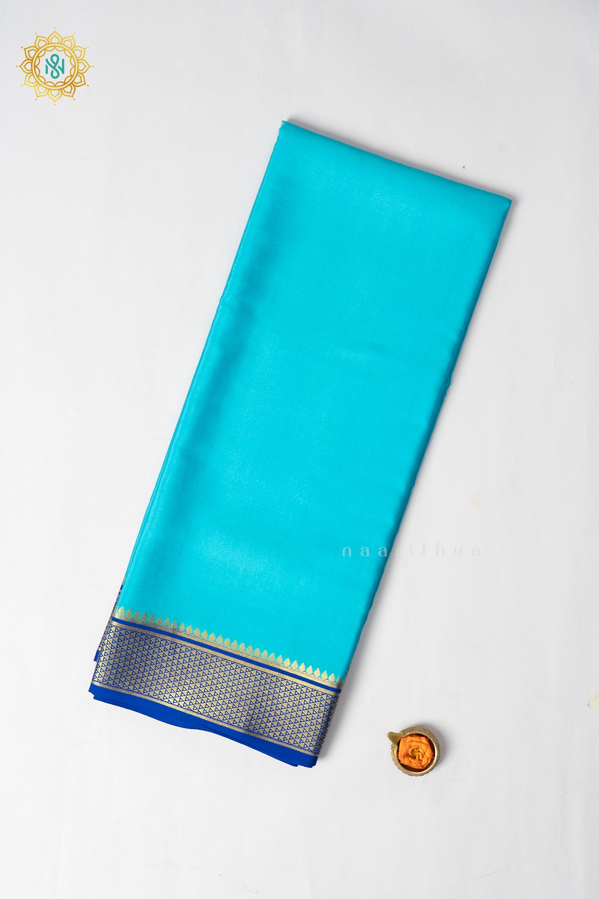 Sky Blue with Royal Blue Pure Mysore Crepe Silk Saree with Plain Body and Contrast Zari Woven Border