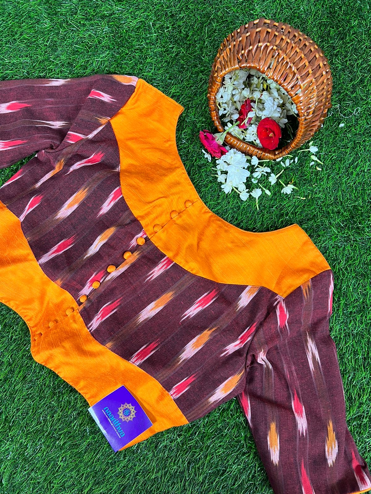 MAROON WITH ORANGE - READYMADE COTTON BLOUSE WITH IKAT PRINTS