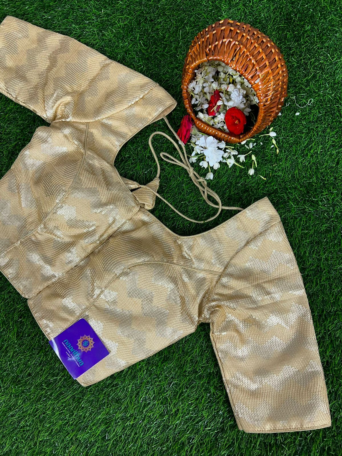 GOLD READYMADE BLOUSE IN RAW SILK WITH SEQUINS WORK