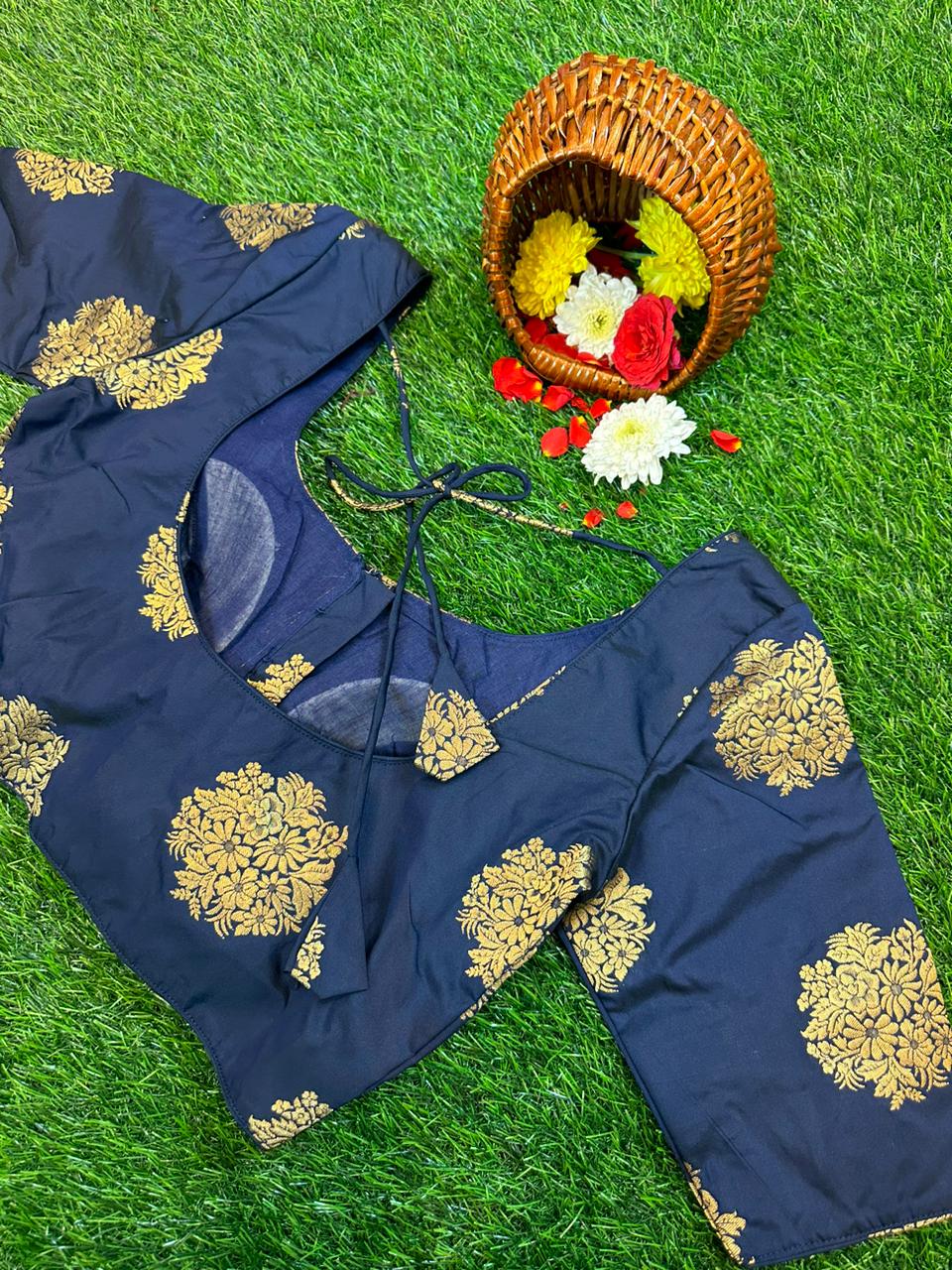 BLUE - READYMADE RAW SILK BLOUSE WITH GOLD ZARI WOVEN BUTTAS