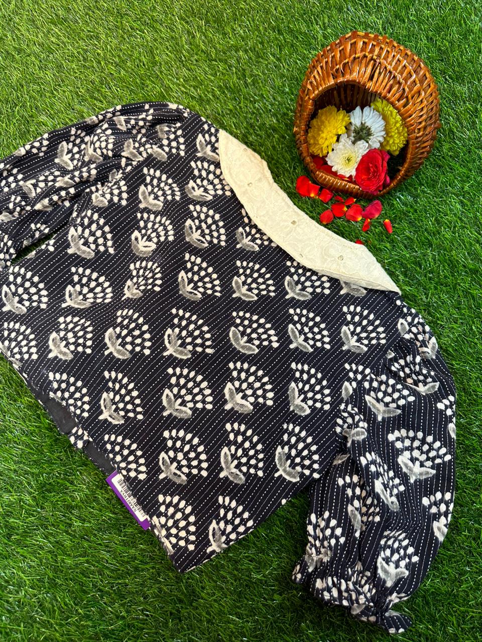 READYMADE BLOUSE - HAND BLOCK KATHA PRINTS WITH PETER PAN COLLAR & PUFF SLEEVES