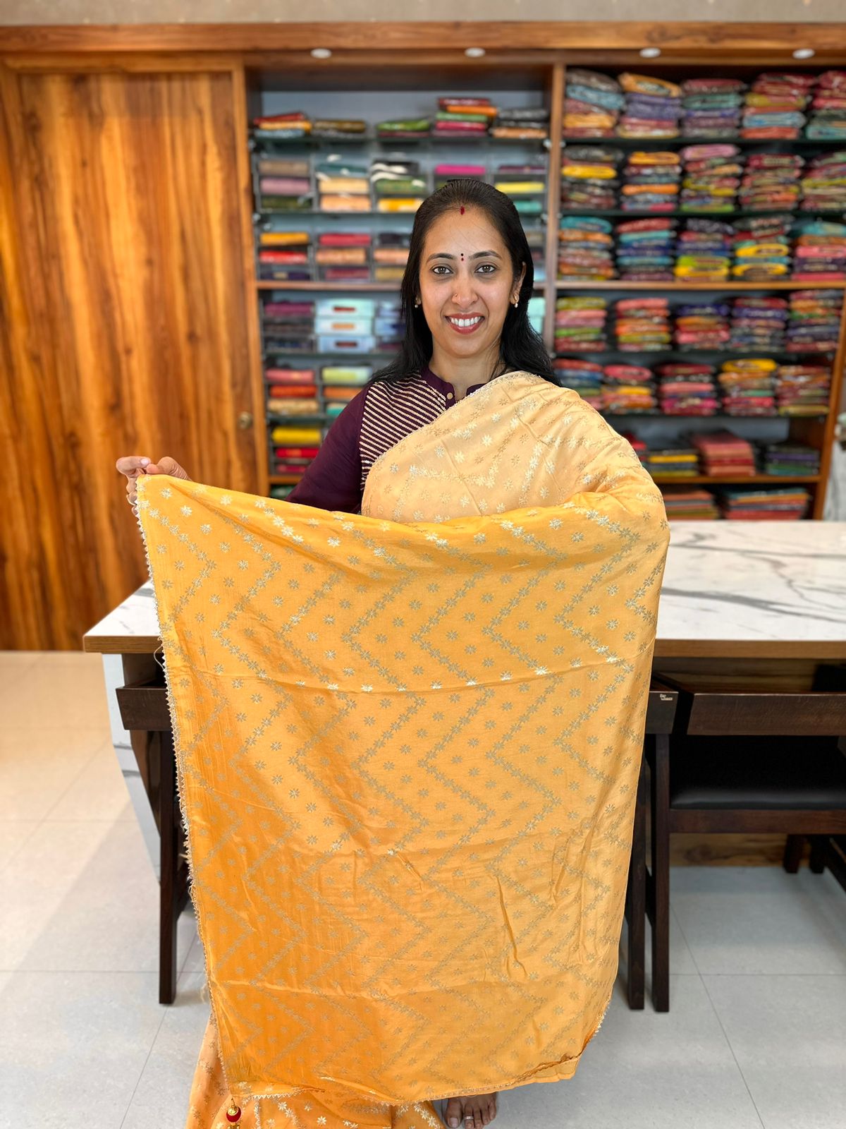 DUAL SHADE OF LIGHT ORANGE - RUSSIAN SILK ZARI WOVEN BUTTAS & SELF COLOURED BLOUSE