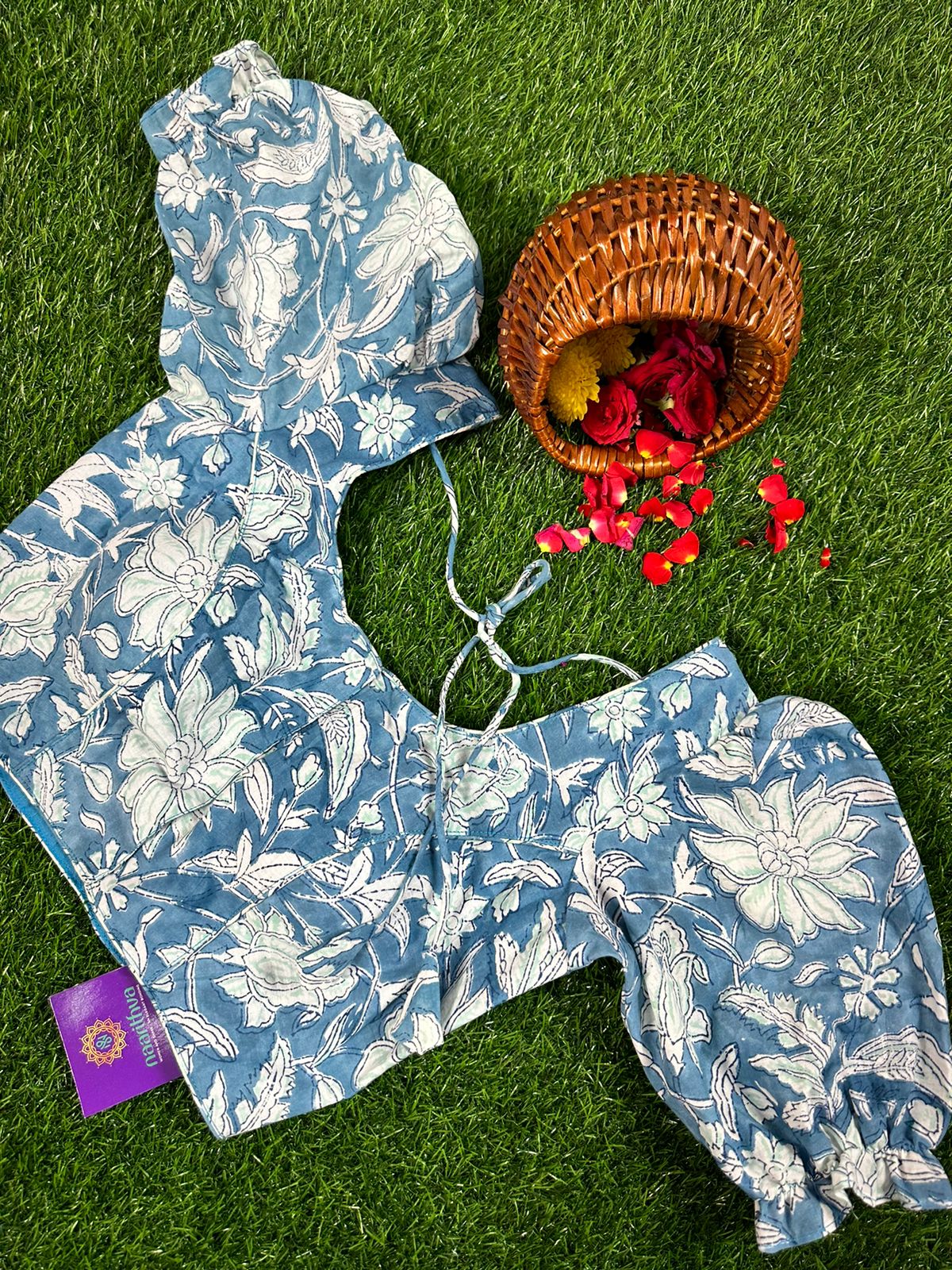 Blue - Readymade Cotton Blouse With Floral Prints & Puff Sleeve
