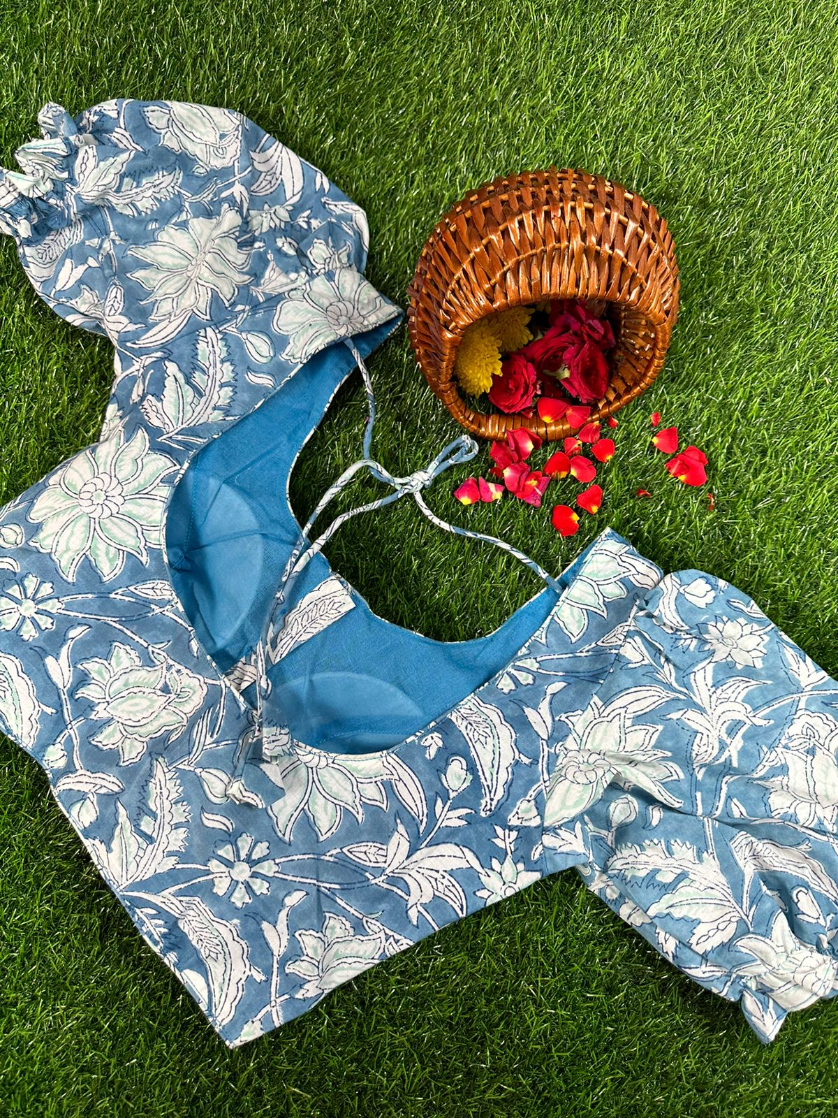 Blue - Readymade Cotton Blouse With Floral Prints & Puff Sleeve