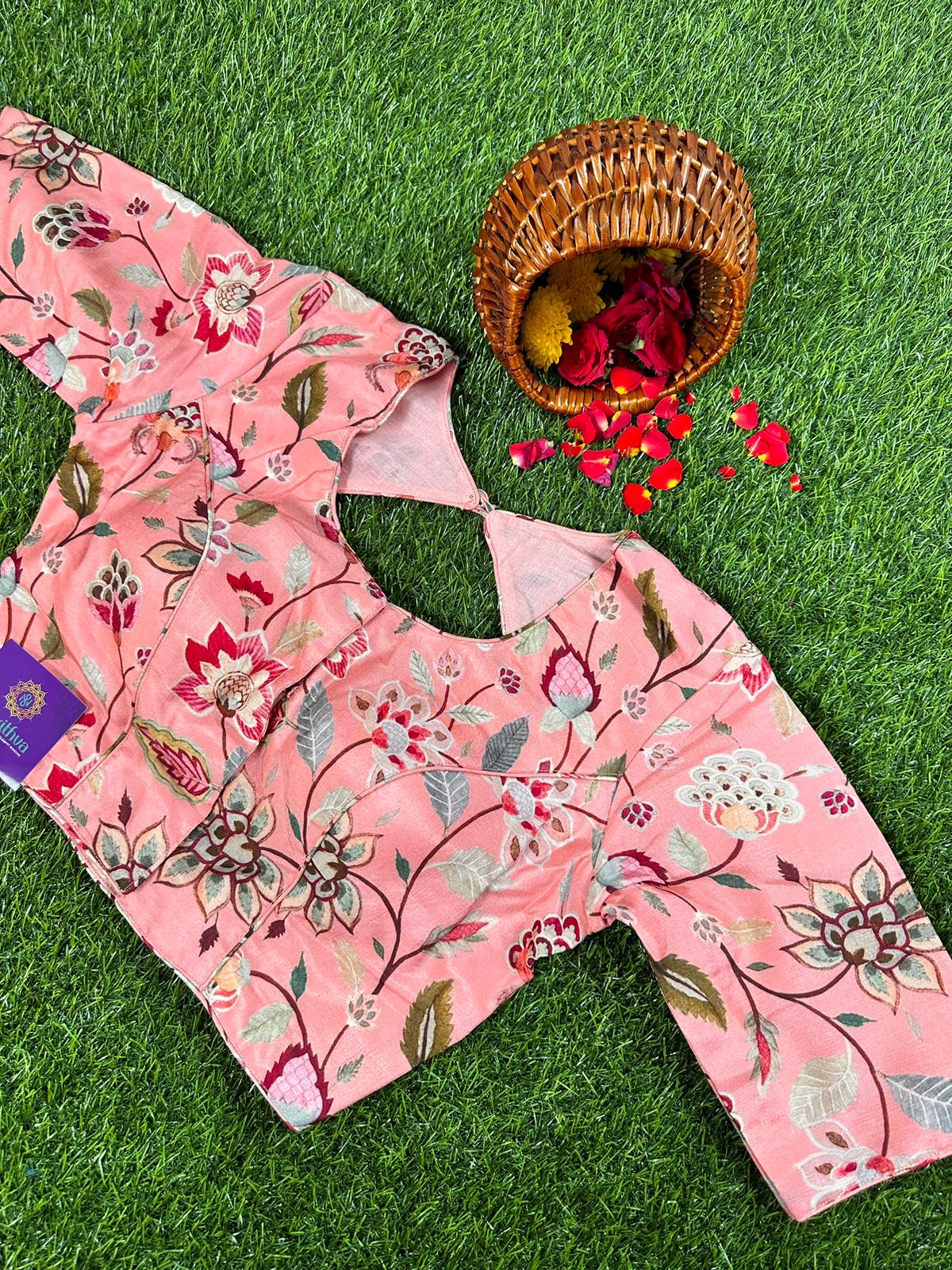 PEACH - READYMADE DOLA SILK WITH FLORAL PRINTS