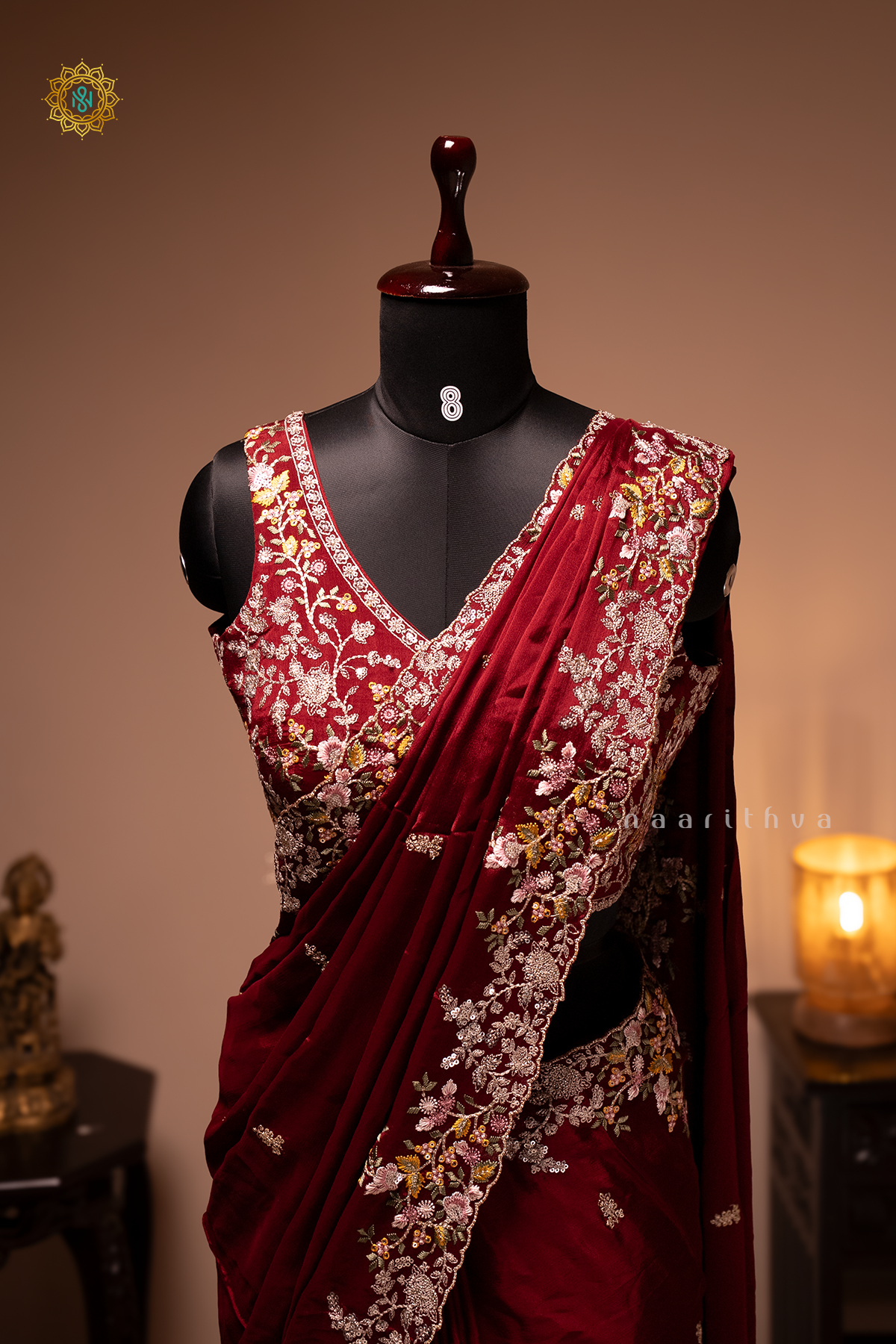 MAROON - CHINNON DESIGNER WEAR WITH READYMADE BLOUSE