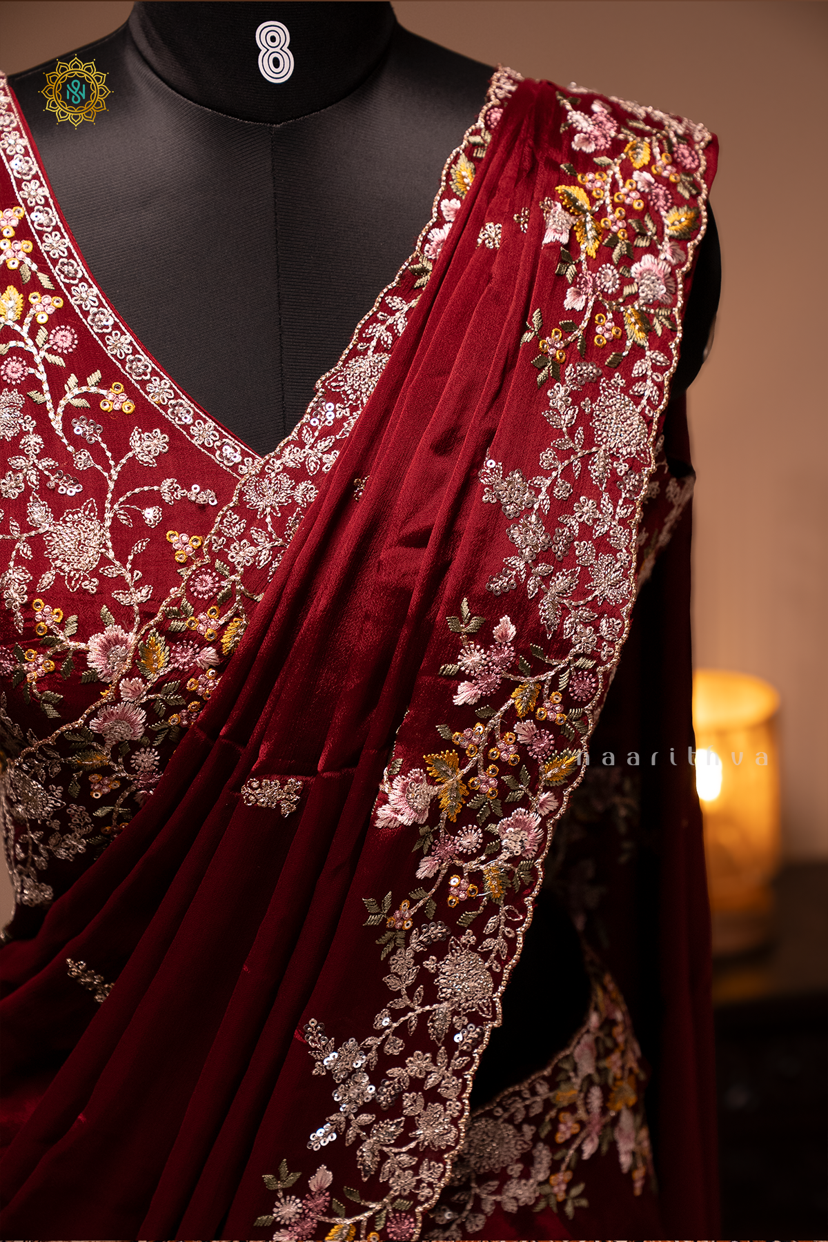 MAROON - CHINNON DESIGNER WEAR WITH READYMADE BLOUSE