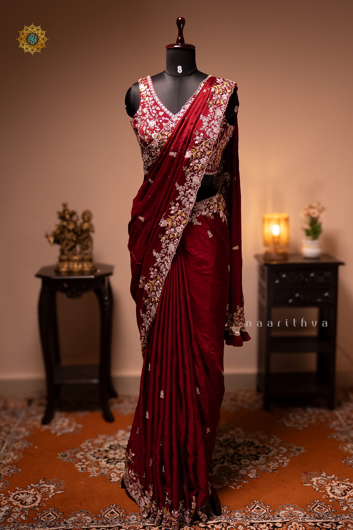 MAROON - CHINNON DESIGNER WEAR WITH READYMADE BLOUSE