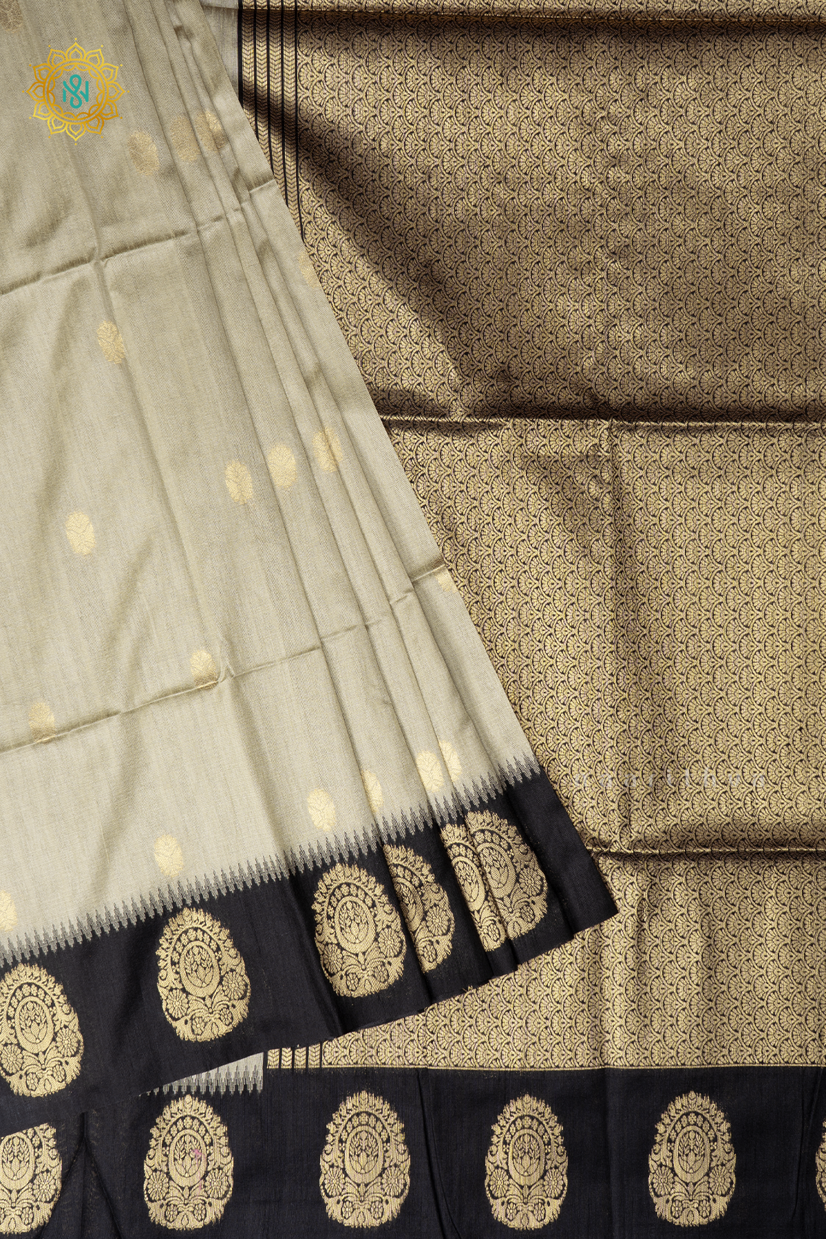 Grey With Black Semi Raw Silk Saree Zari Buttas On The Body With Contrast Zari Border & Pallu