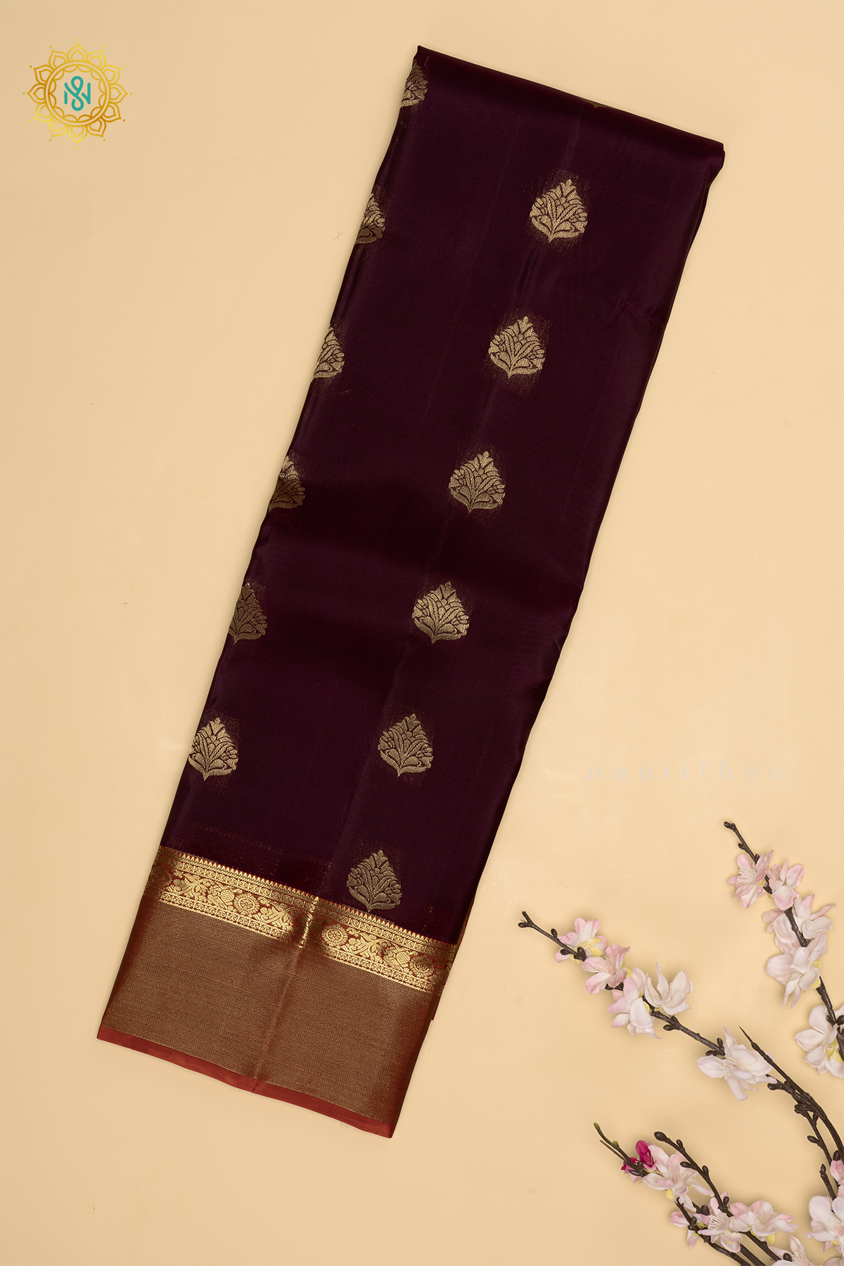 Deep Wine With Orange Pure Mix Kanjivaram Silk Saree with Zari Woven Buttas and Contrast Zari Woven Border With Contrast Pallu & Blouse
