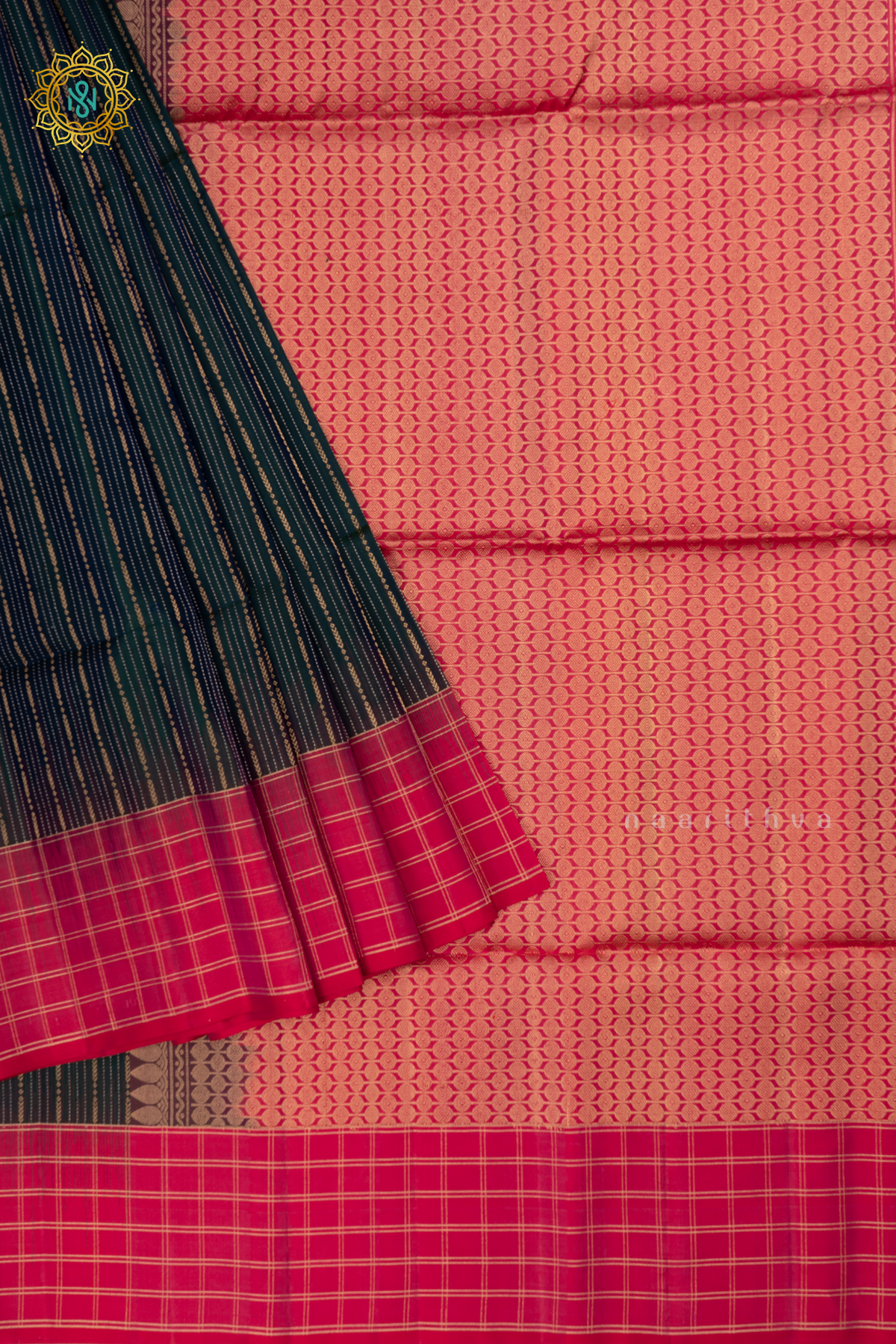 Dual Shade of Teal Blue with Pink Pure Kanjivaram Soft Silk Saree With Allover Zari Stripes and Contrast Zari Checks Border