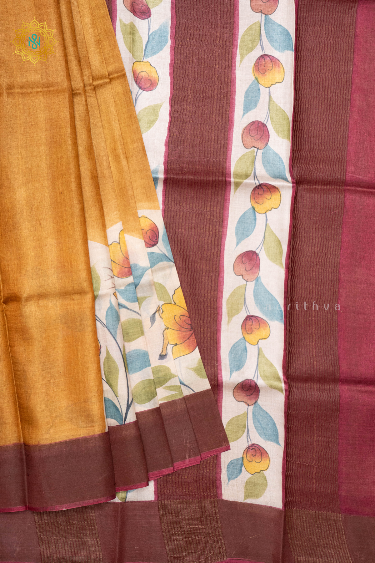 MUSTARD WITH PINK - PURE TUSSAR SILK WITH HAND PAINTED