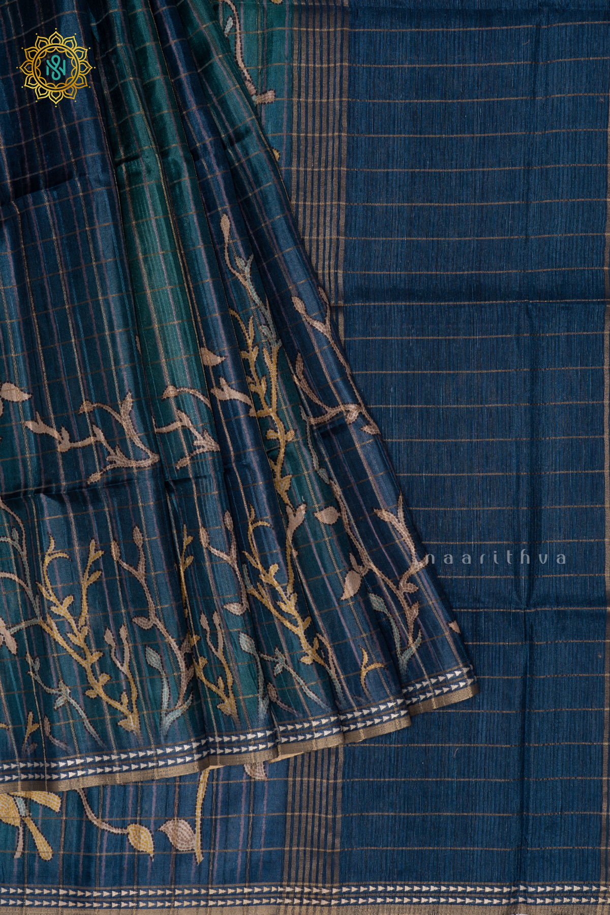 PEACOCK BLUE - KOTHA TUSSAR SAREE WITH PRINTED AND ZARI CHECKS BODY, THREAD WOVEN BORDER