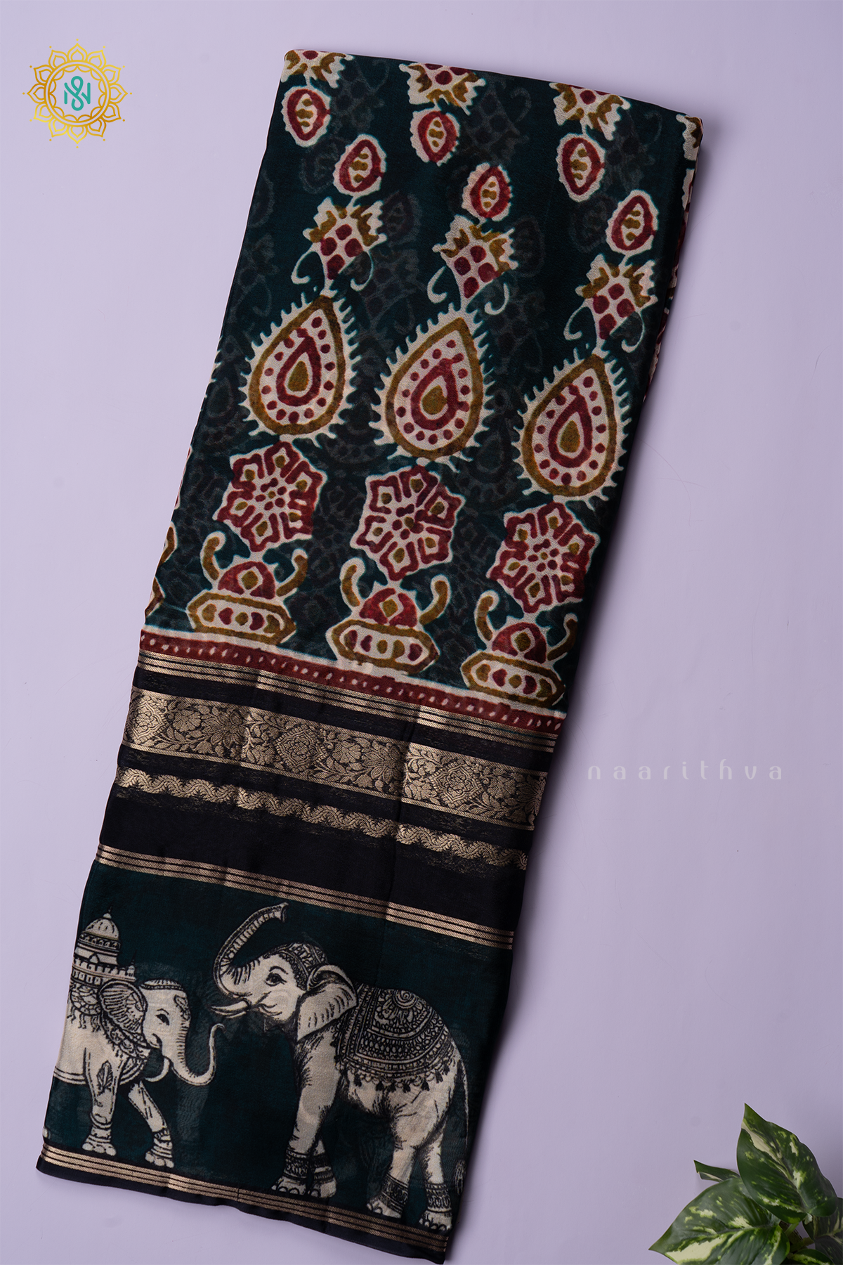 BOTTLE GREEN WITH BLACK - SEMI ORGANZA CREPE