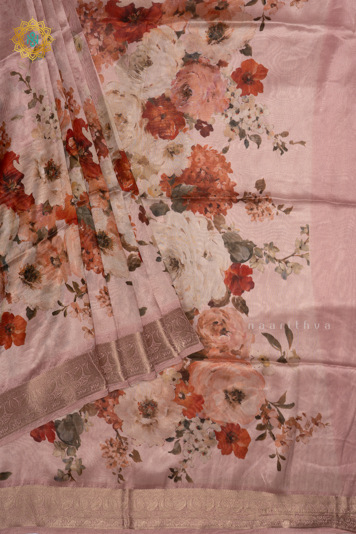Light Pink Organza Crepe Saree With Floral Prints On The Body And Zari Border