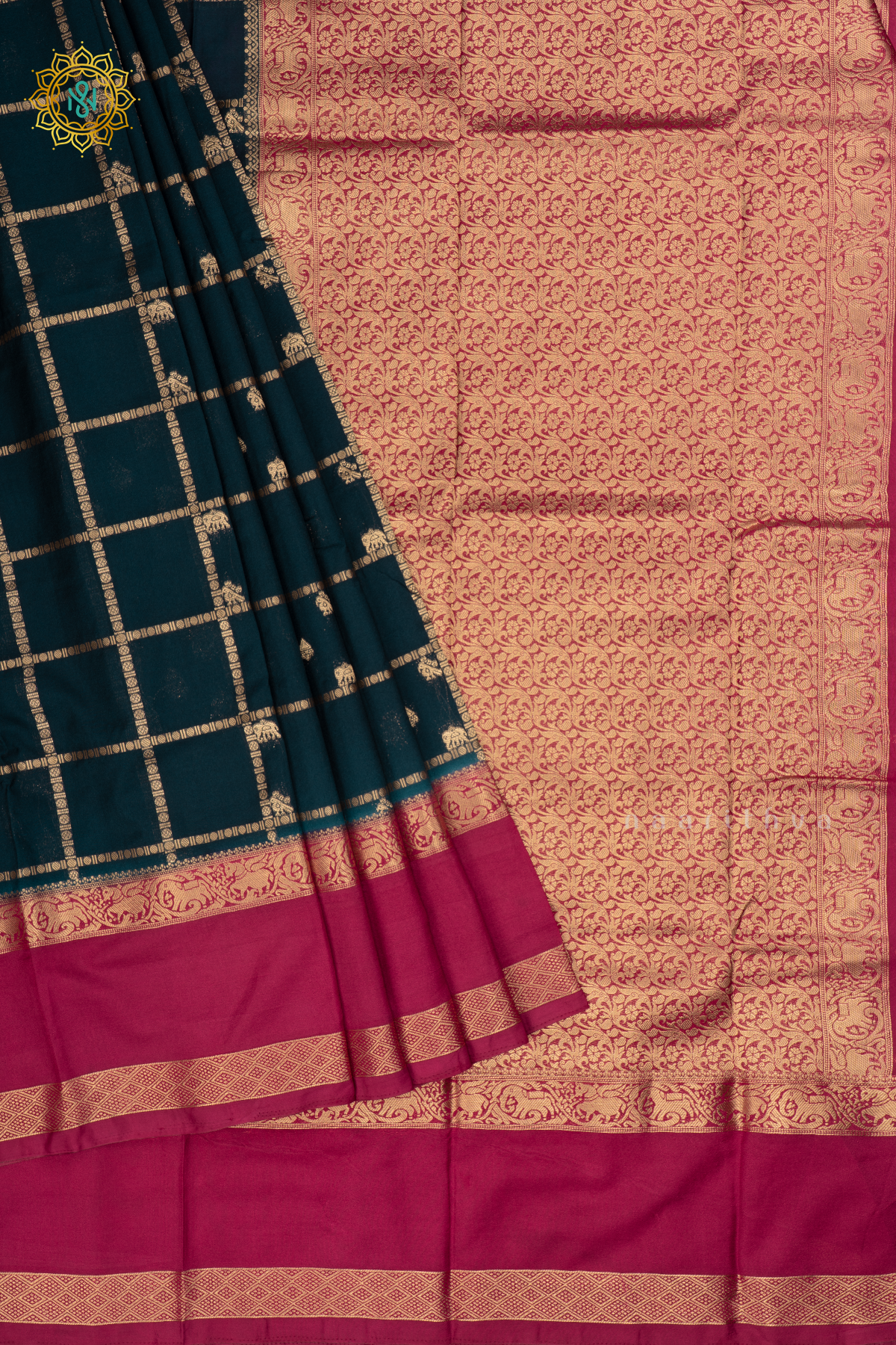Dark Blue With Magenta Semi Crepe Silk Saree All Over Zari Checks And Buttas With Contrast Zari Gap Border