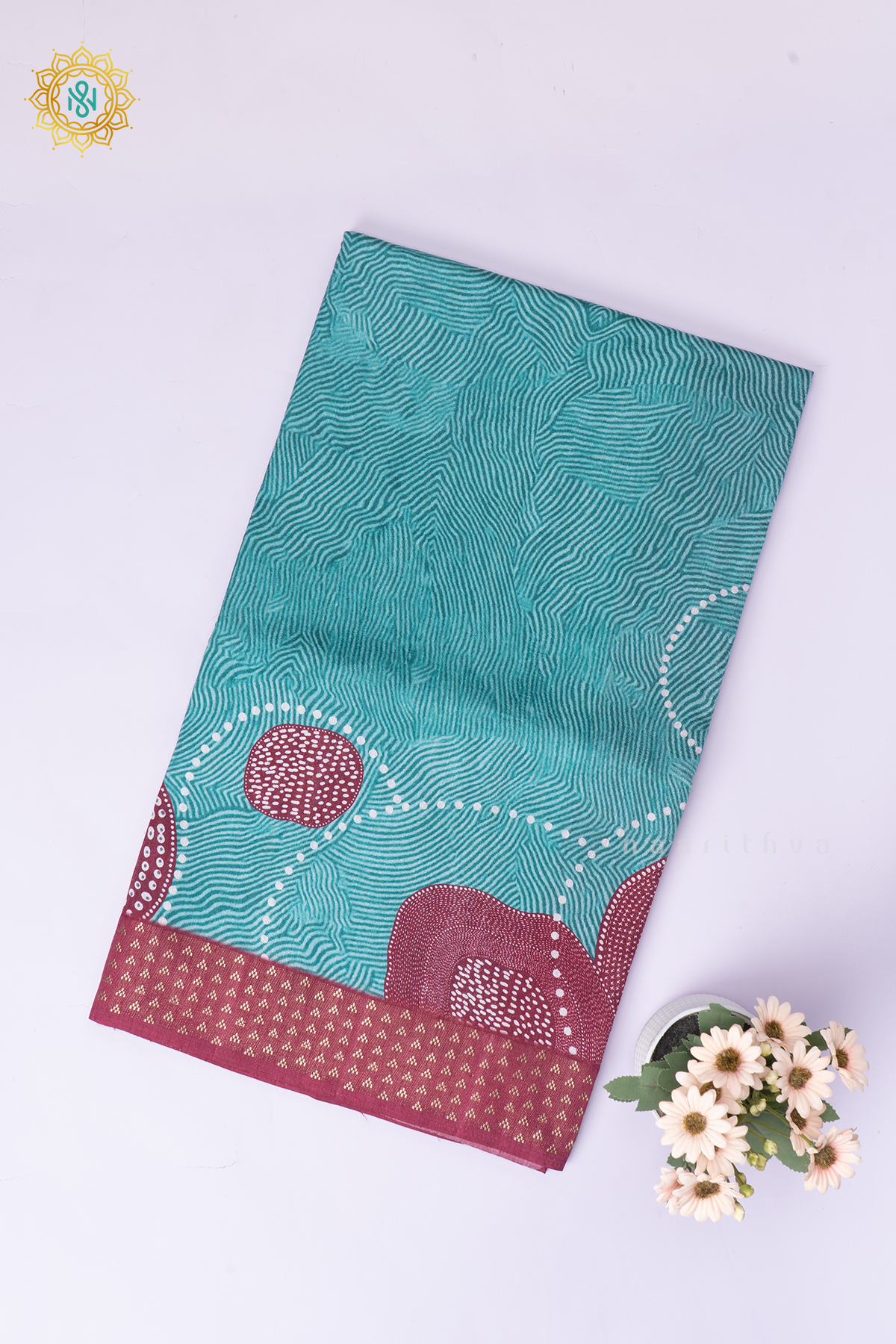 Aqua Green With Maroon Semi Cotton Tussar Saree with Printed Body & Contrast Pallu