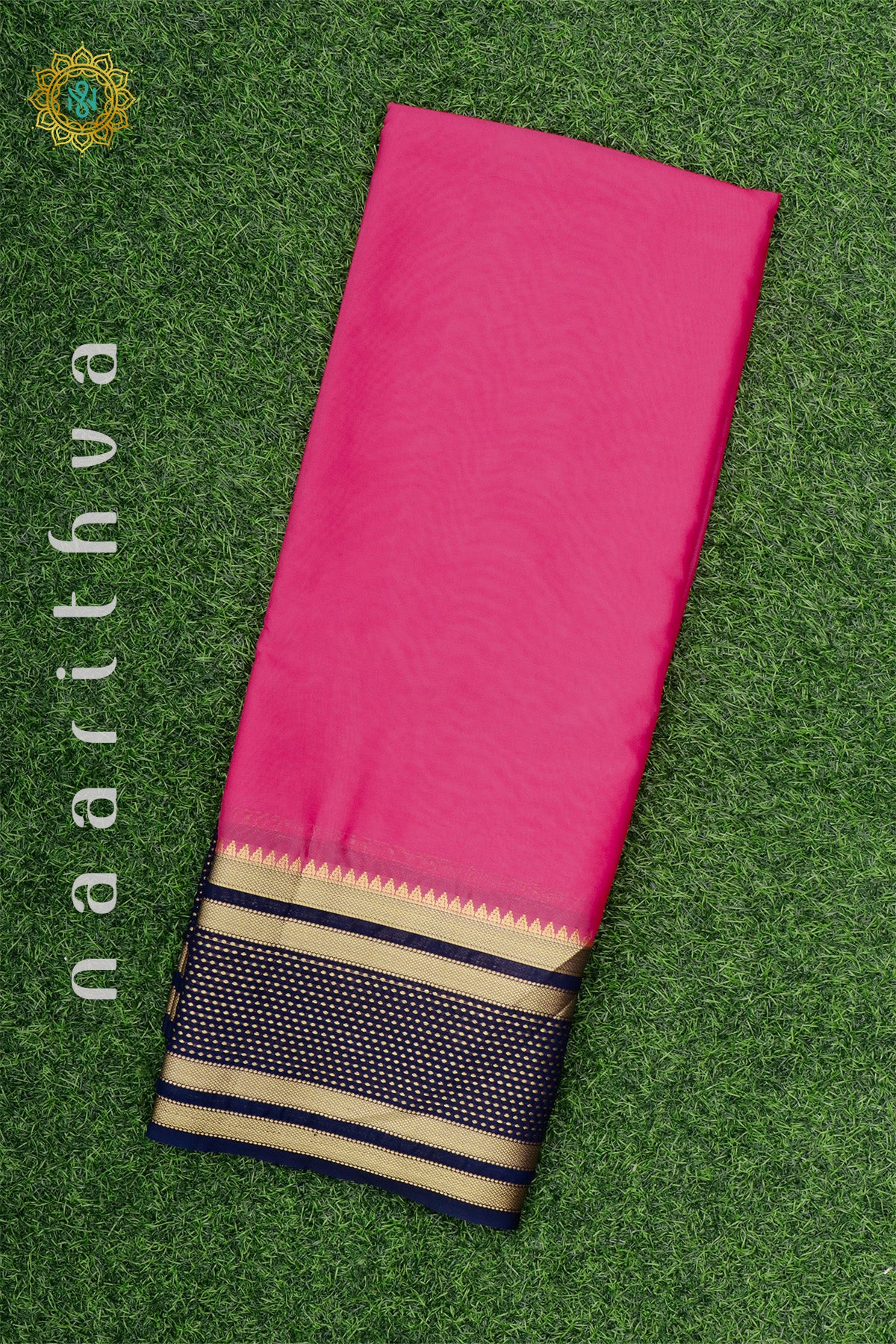 PEACHISH PINK WITH NAVY BLUE - SEMI MYSORE CREPE SILK