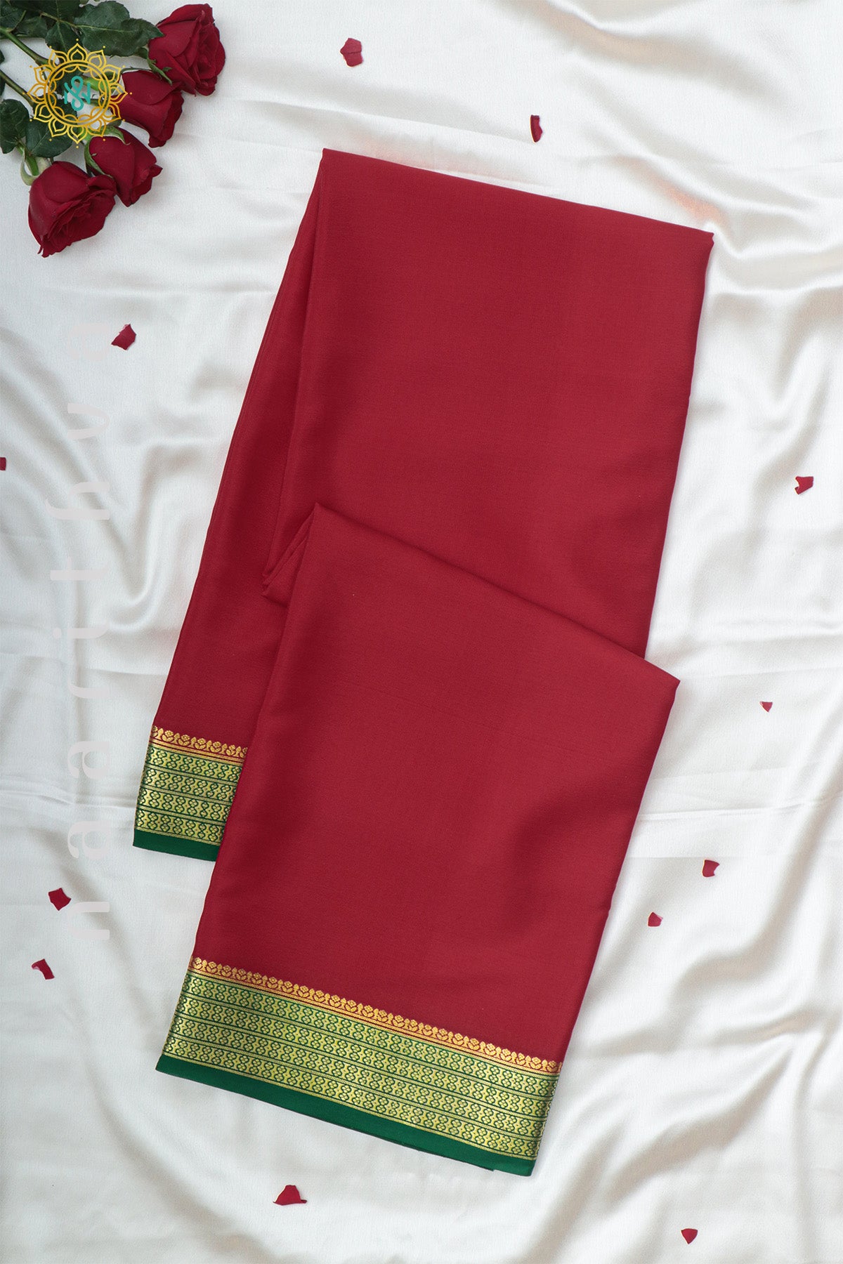 RED WITH GREEN - PURE MYSORE CREPE SILK