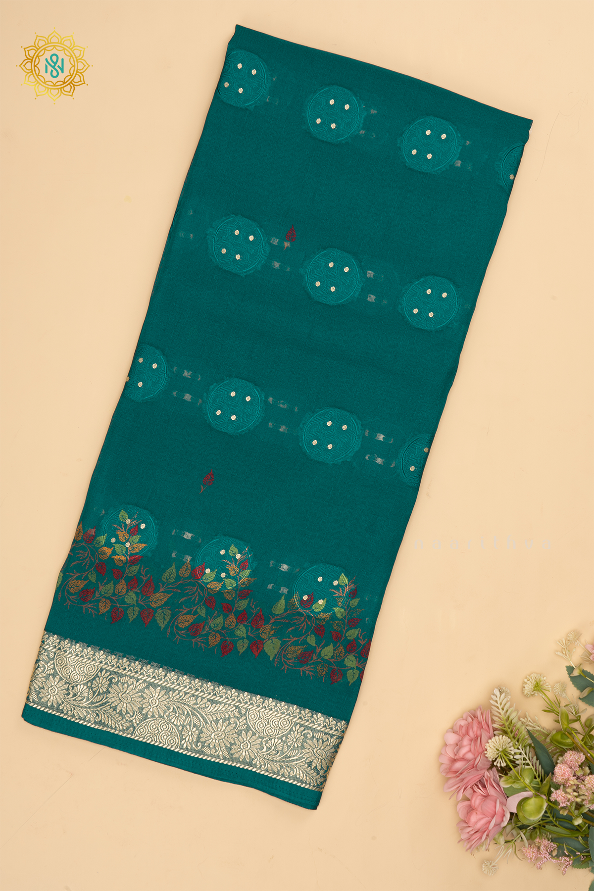 CYAN GREEN - SEMI GEORGETTE PRINTED BODY WITH ZARI BORDER