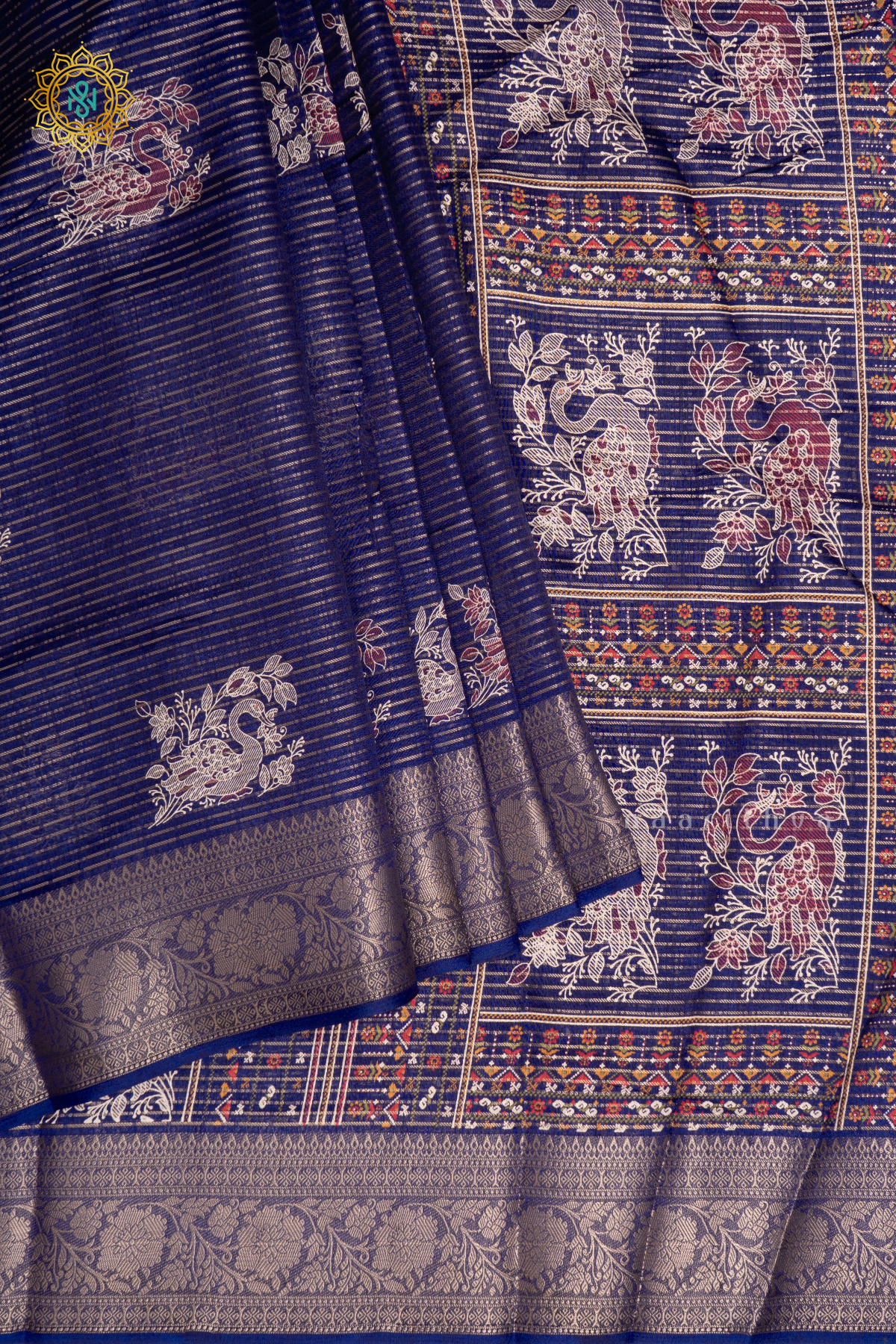 Navy Blue Dola Silk Saree With Allover Printed Buttas And Zari Stripes With Zari Border