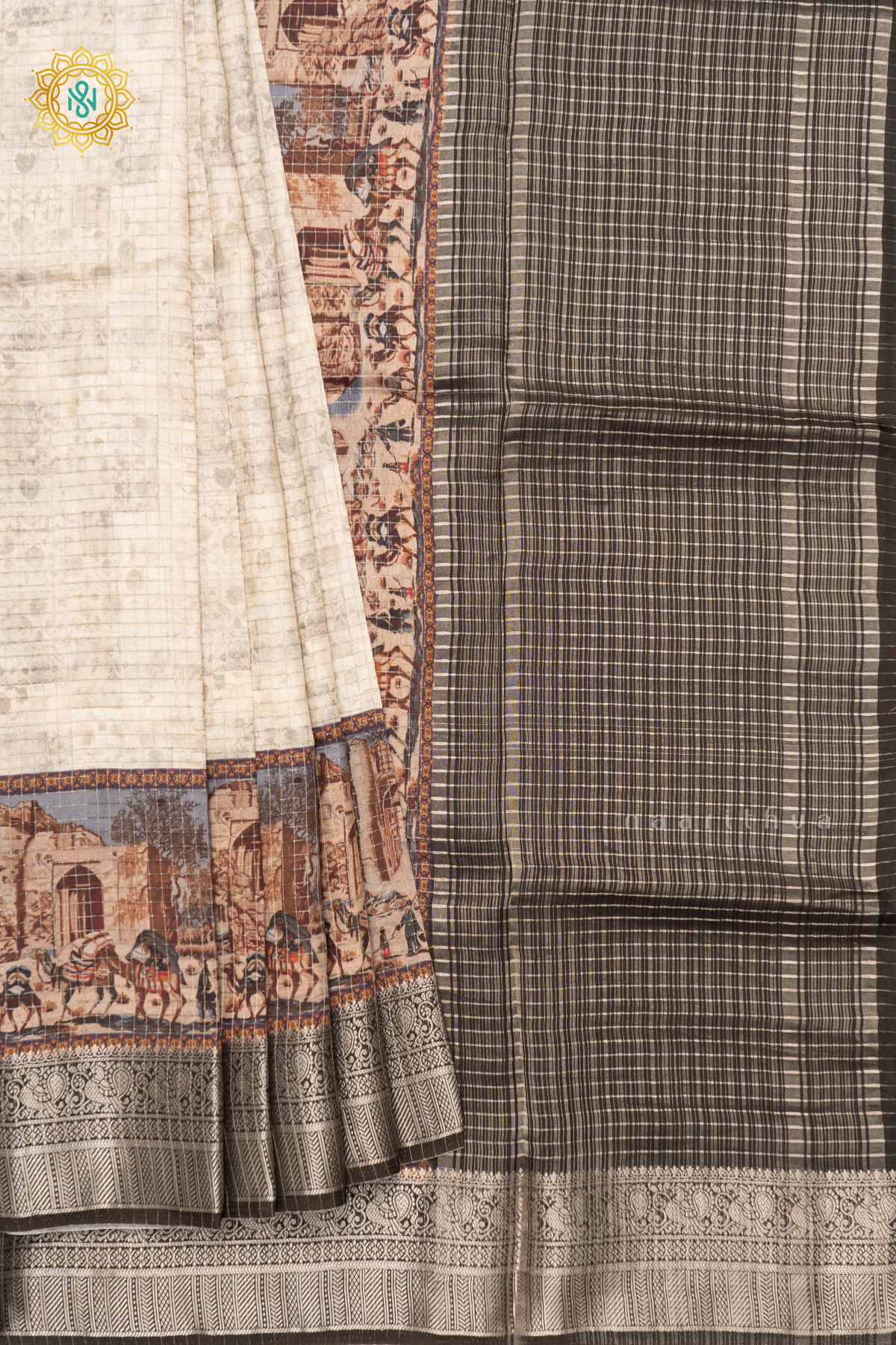 WHITE WITH OLIVE GREEN - SEMI CREPE SILK