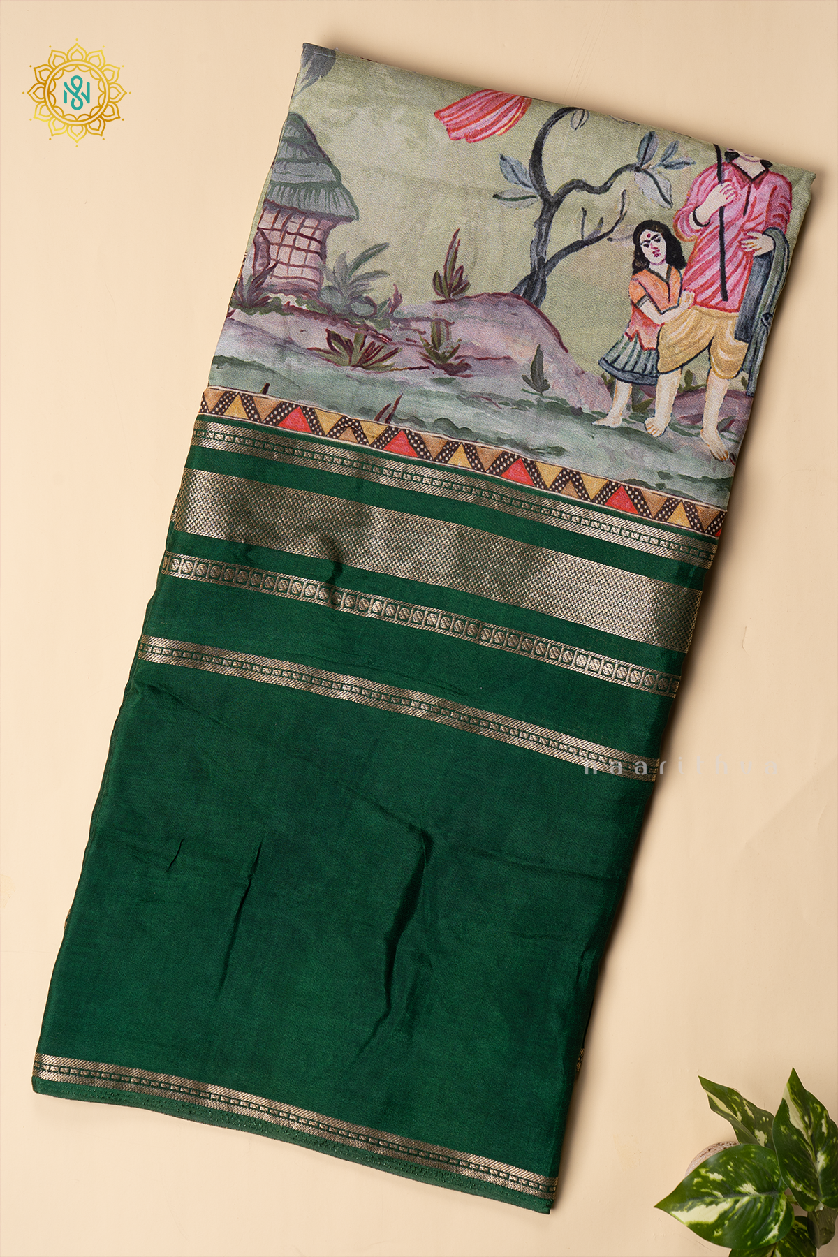 BOTTEL GREEN WITH PISTA GREEN - SEMI CREPE SILK