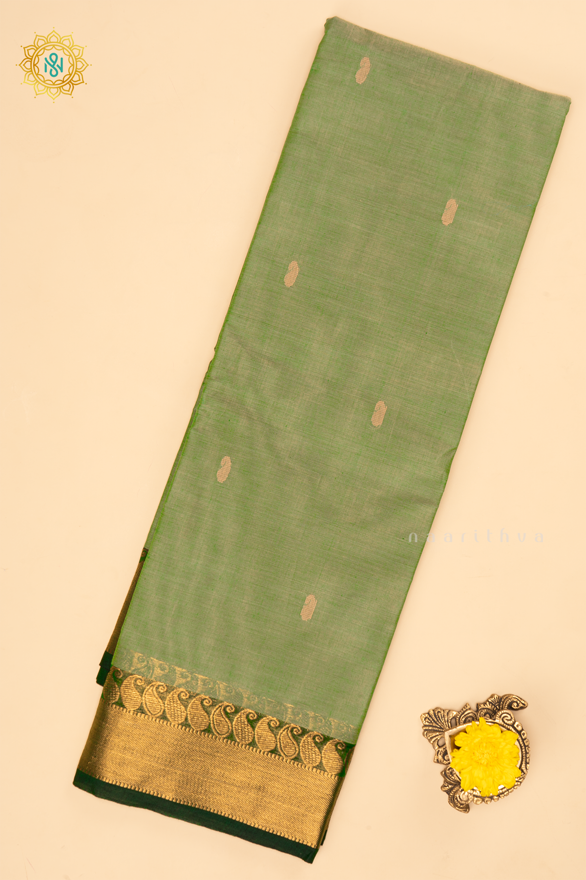 Pista Green With Bottle Green - Chettinad Cotton Saree Allover Thread Woven Buttas With Contrast Zari Border