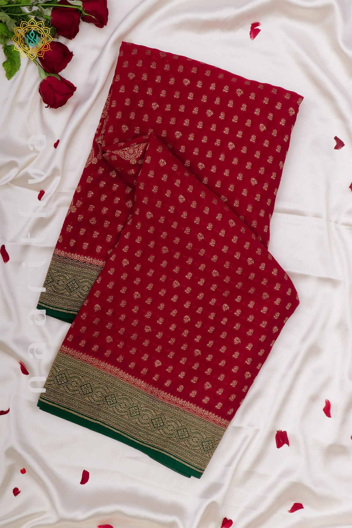 RED WITH GREEN - PURE HANDLOOM KHADDI GEORGETTE BANARAS