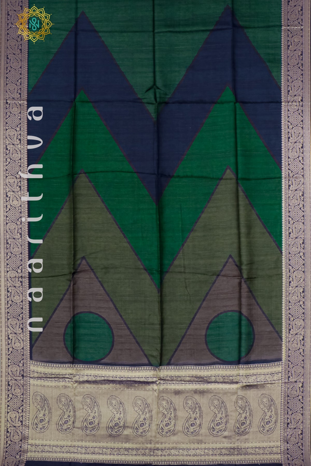 GREEN WITH NAVY BLUE - SEMI CREPE SILK