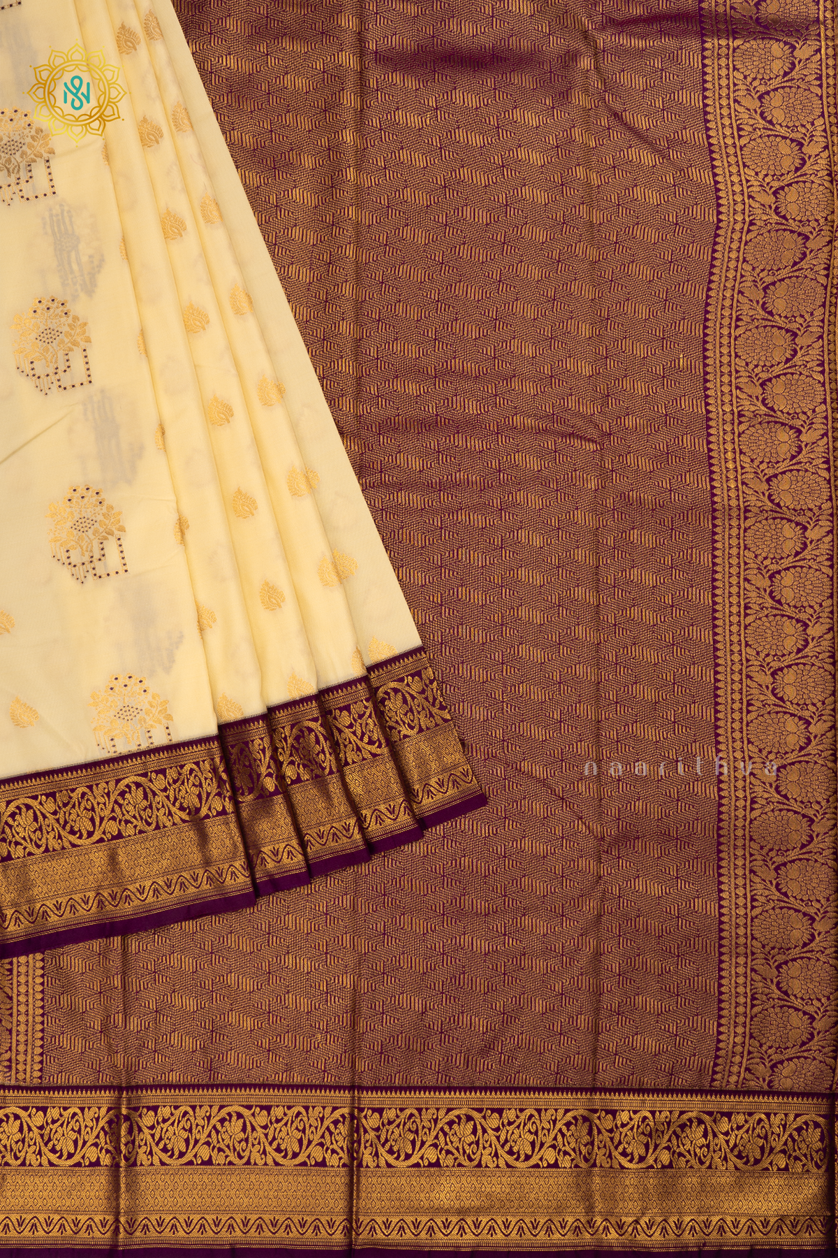 Off White with Purple  Semi Kanchi Saree With Zari Buttas All Over And Contrast Zari Border