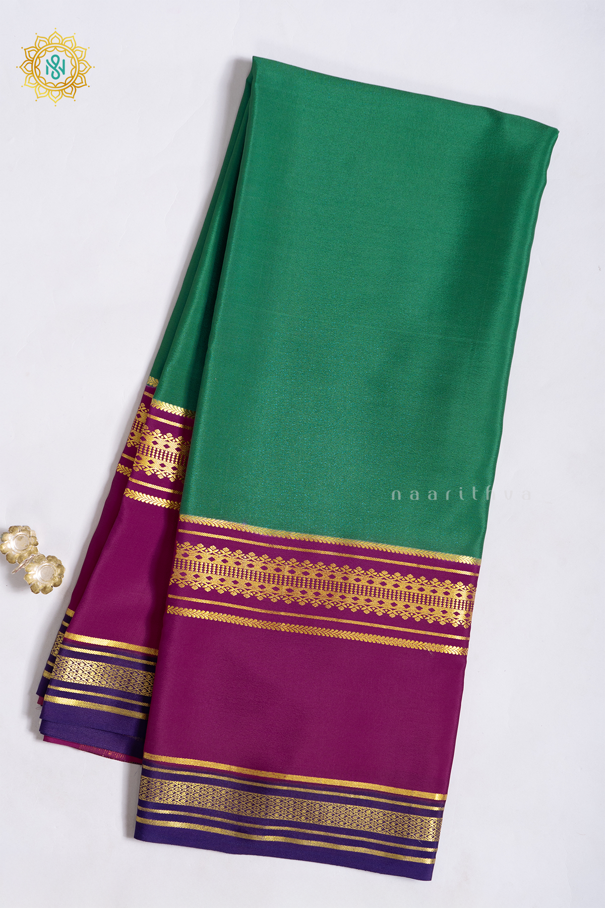 GREEN WITH PINK & PURPLE - PURE MYSORE CREPE SILK