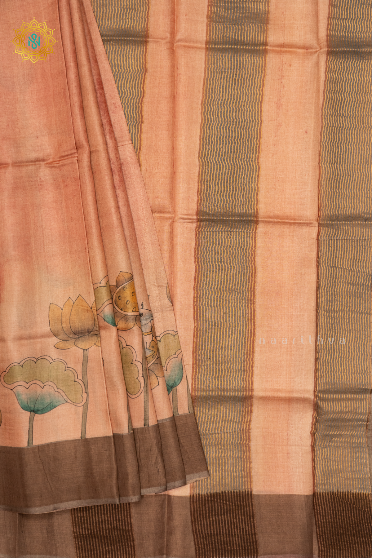 PEACH WITH YELLOW - PURE TUSSAR SILK