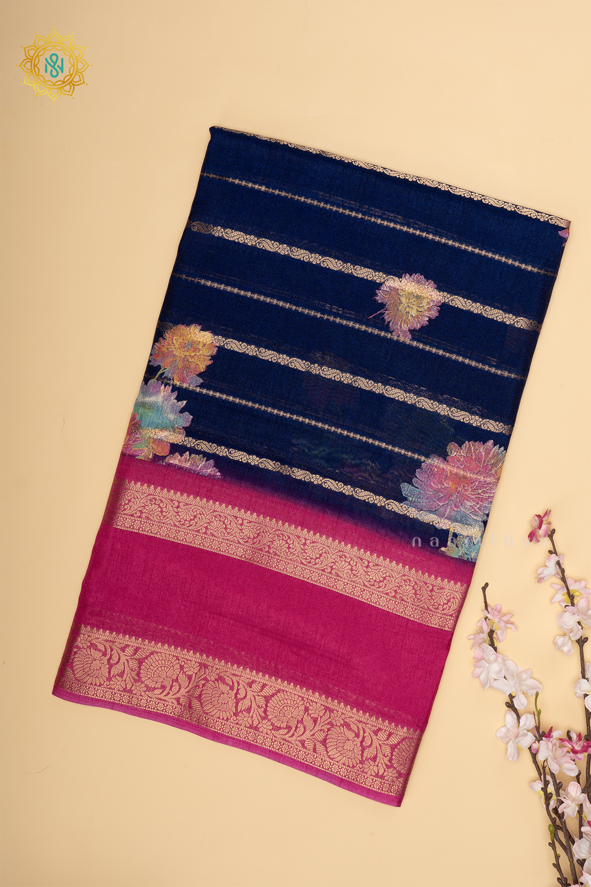 Navy Blue With Pink Dola Silk Saree Allover Printed Buttas And Zari Stripes With Contrast Zari Gap Border