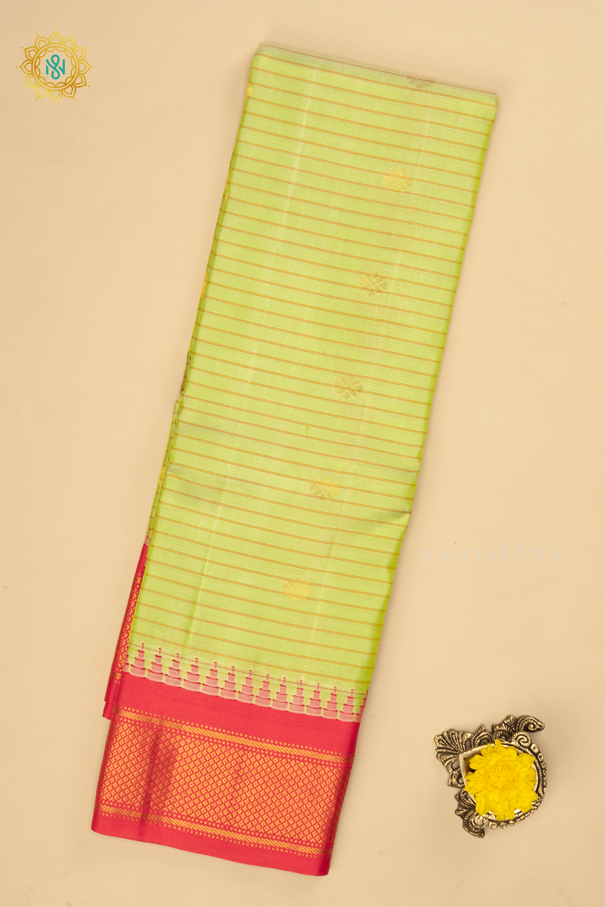 Light Green With Rani Pink Pure Gadwal Silk Saree With Zari Woven Buttas And Contrast Zari Border