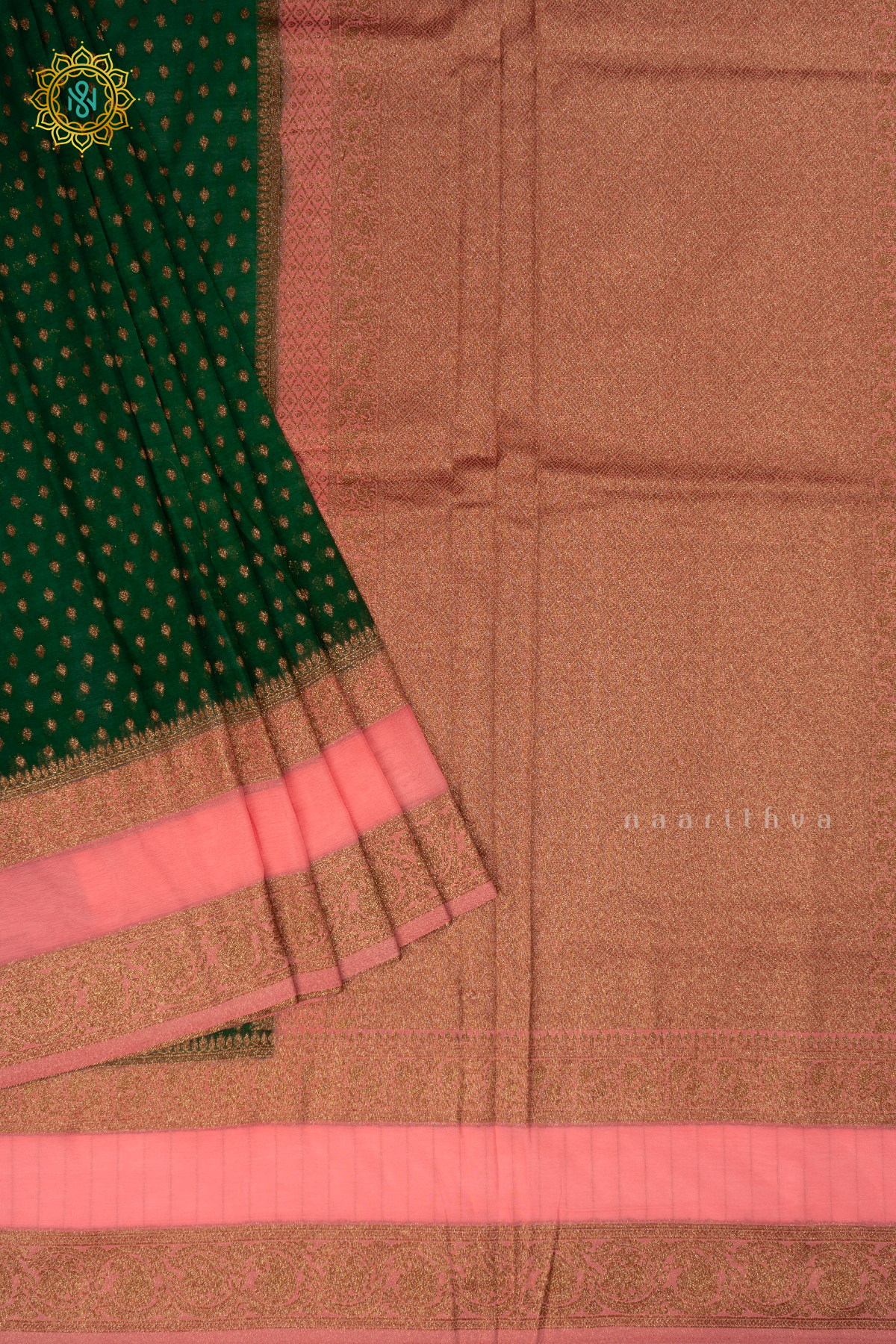 Bottle Green With Pink Semi Georgette Saree With Zari Buttas All Over  And Contrast Zari Gap Border
