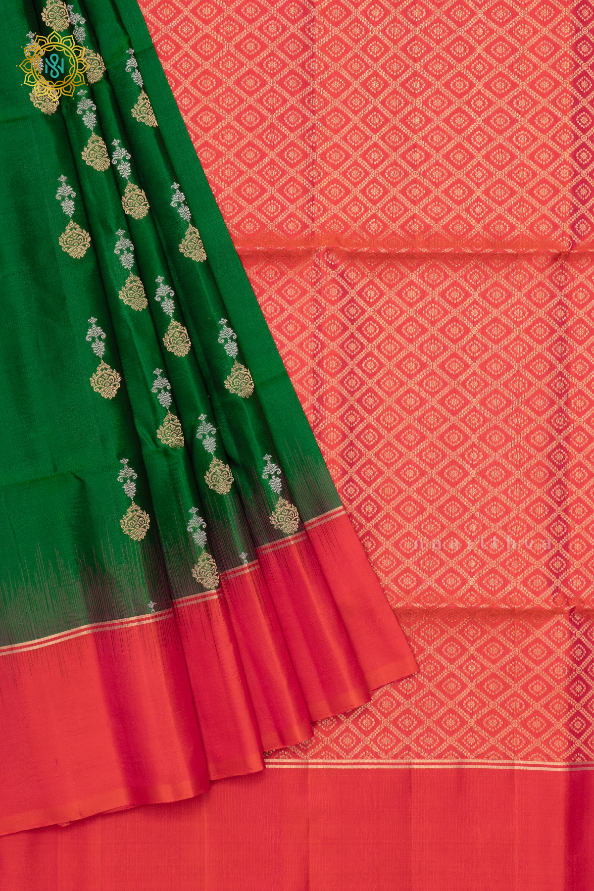 GREEN WITH DUAL SHADE OF PINK - PURE KANJIVARAM SOFT SILK
