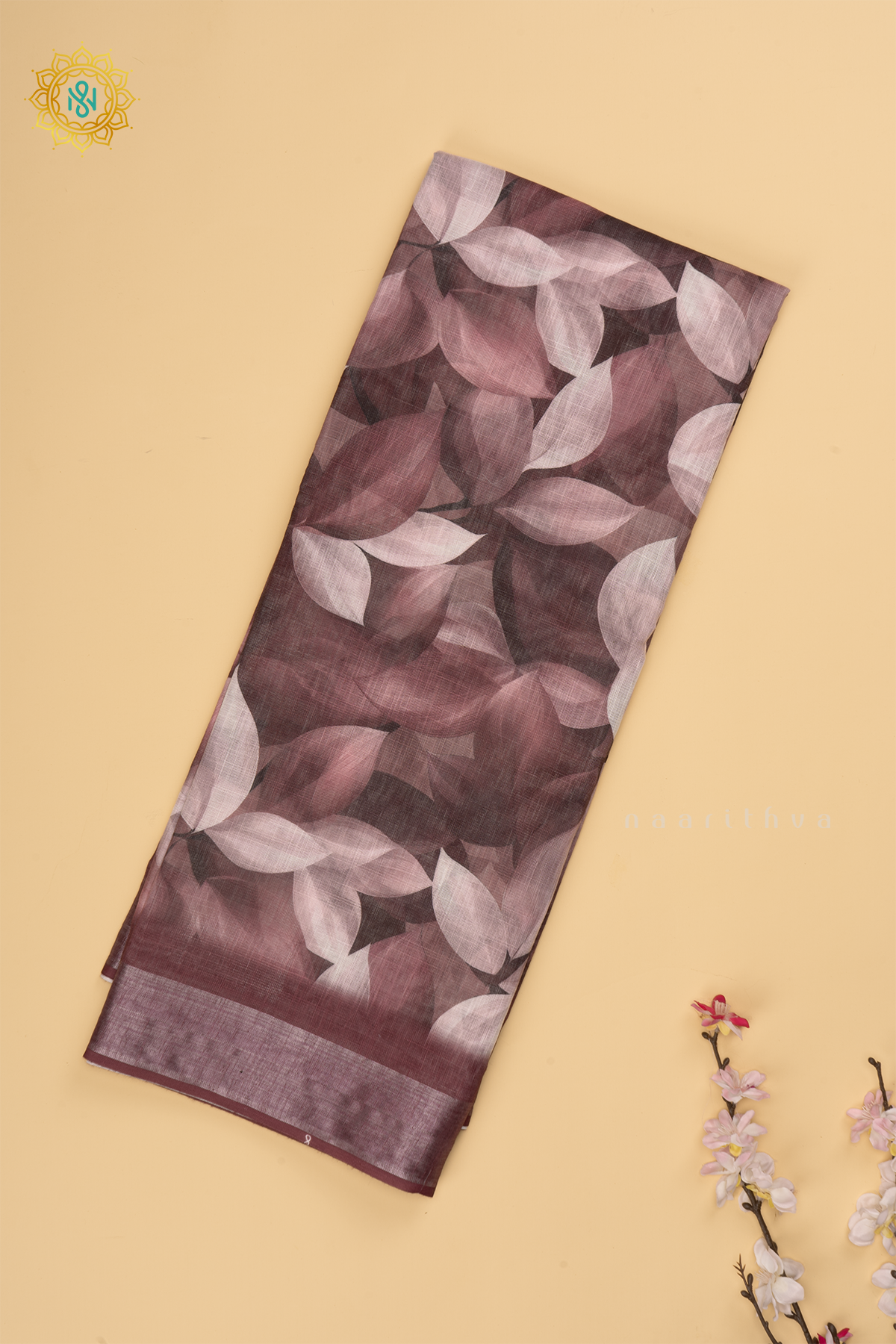Light Maroon Linen By Cotton Saree With Floral Printed Body